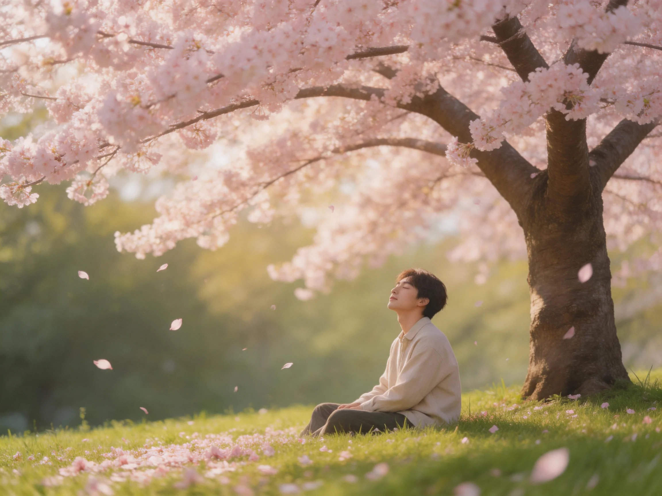 A person relaxing under a cherry blossom tree with falling pink petals