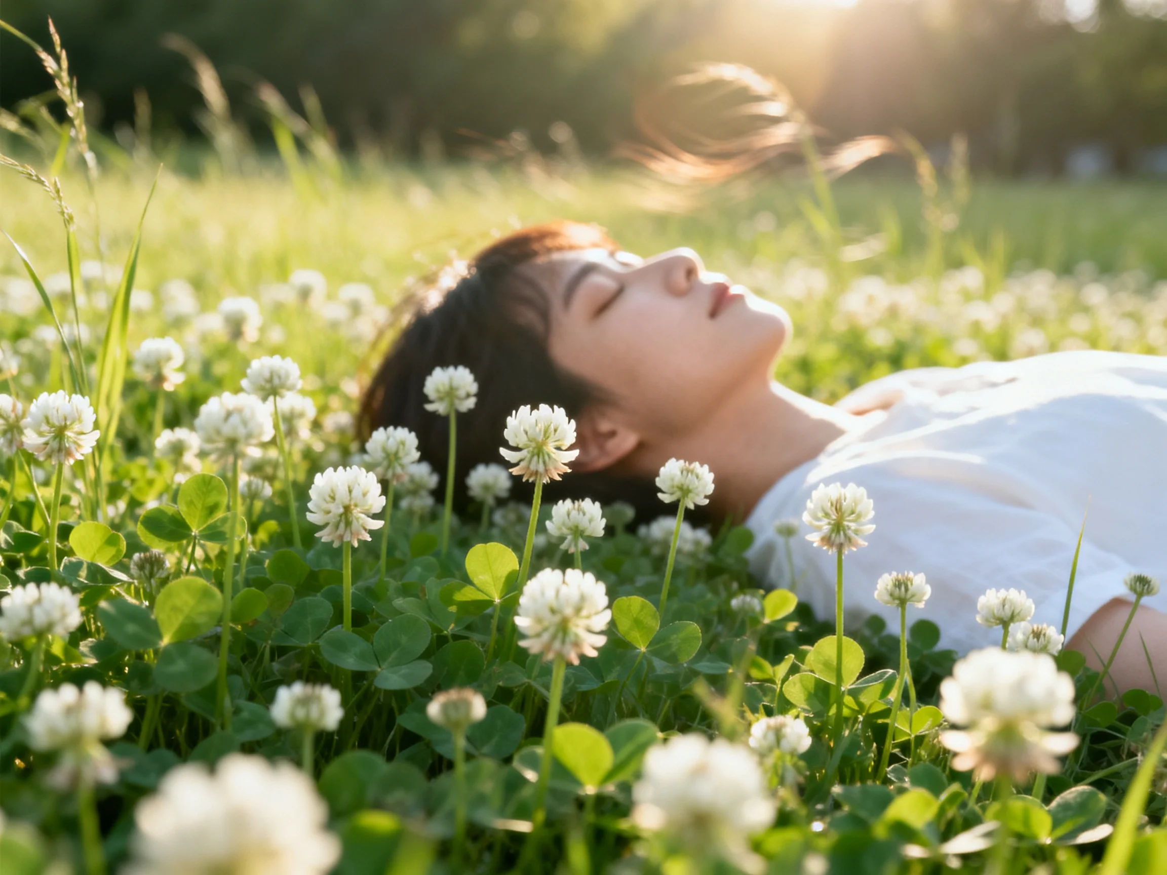 A person resting among white clover blooms in a sunlit meadow