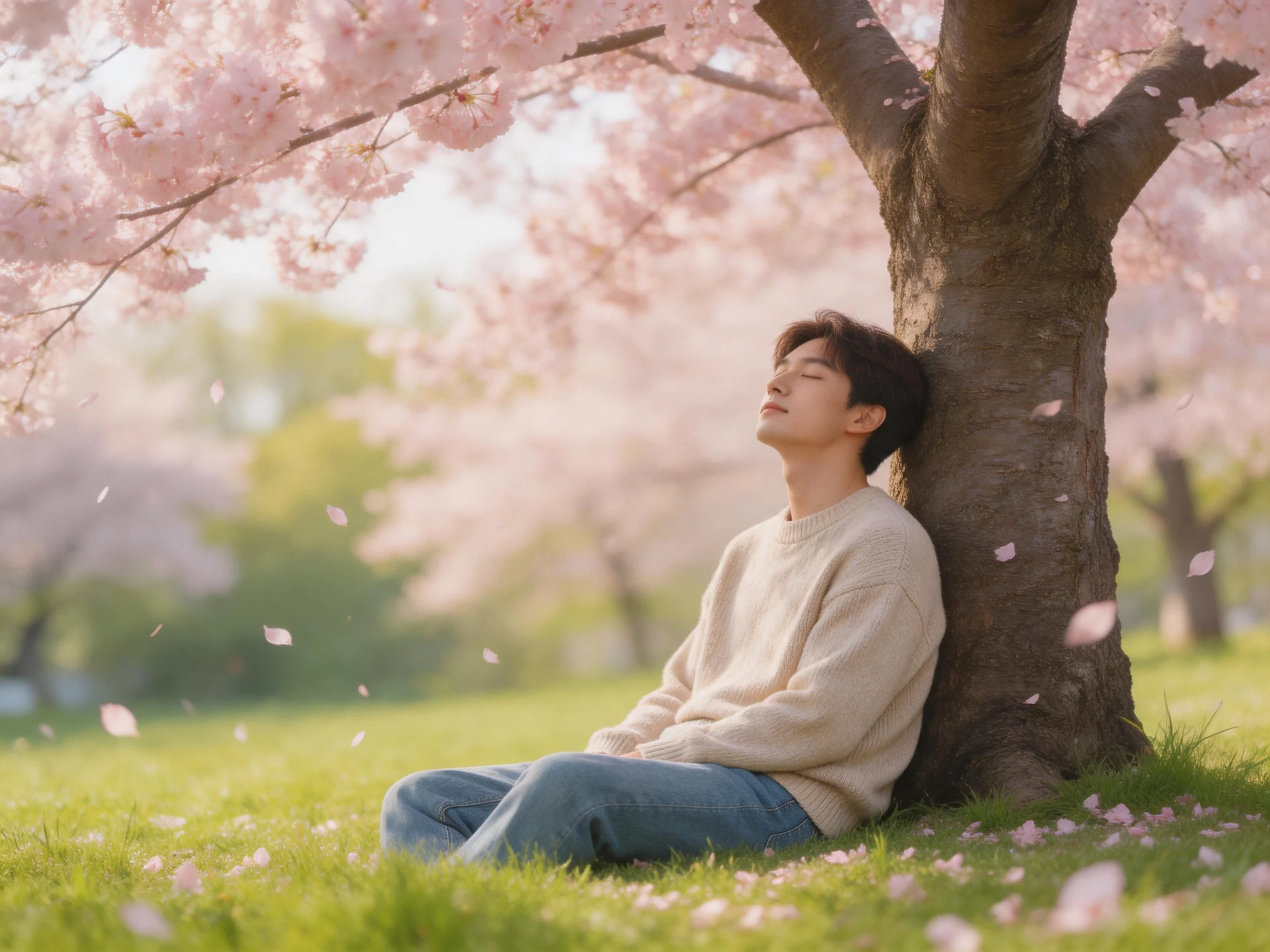 A person resting beneath blooming cherry blossom trees near a large trunk