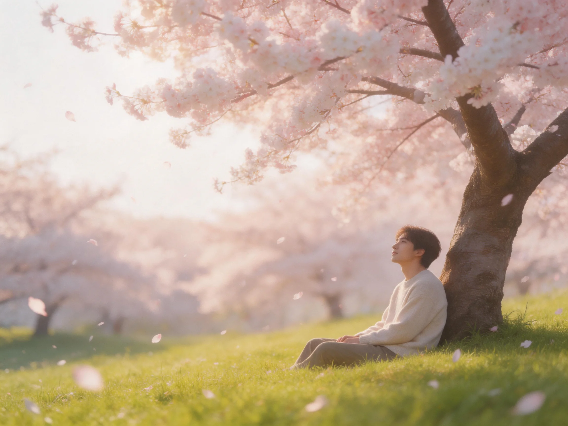 A person resting under cherry blossom trees with pink blooms