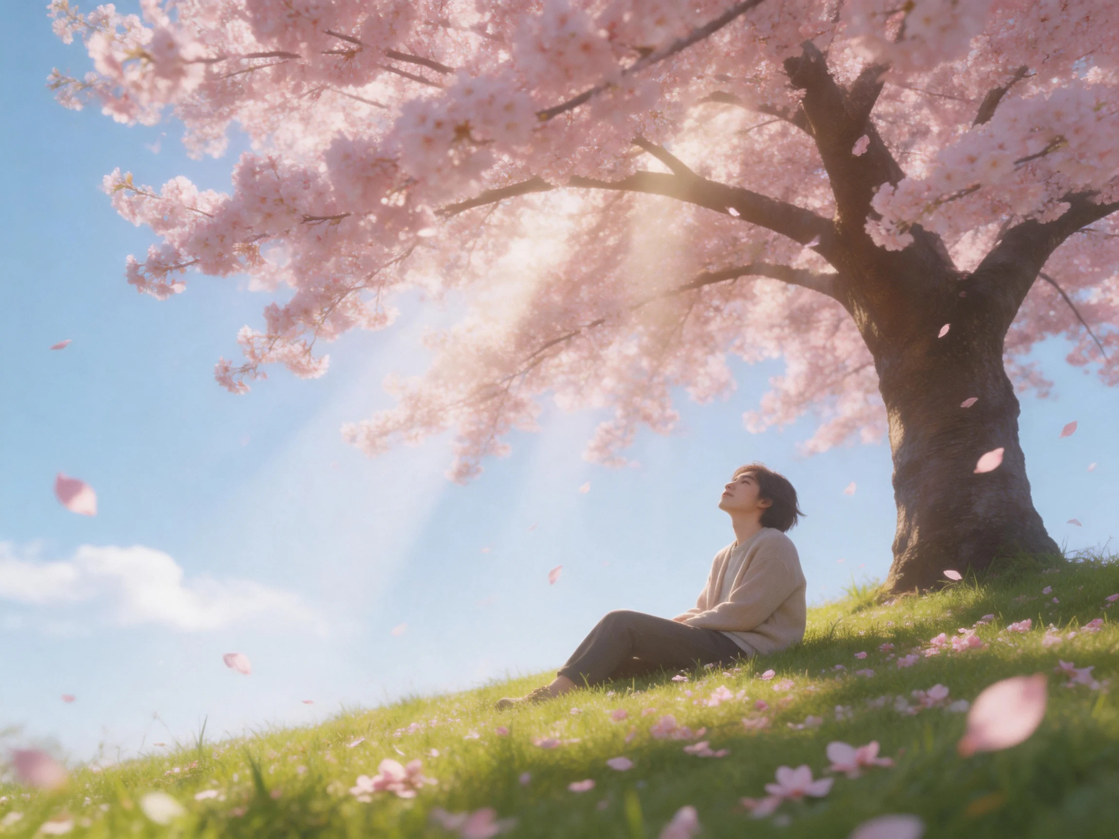 A person seated under a large cherry blossom tree with falling petals