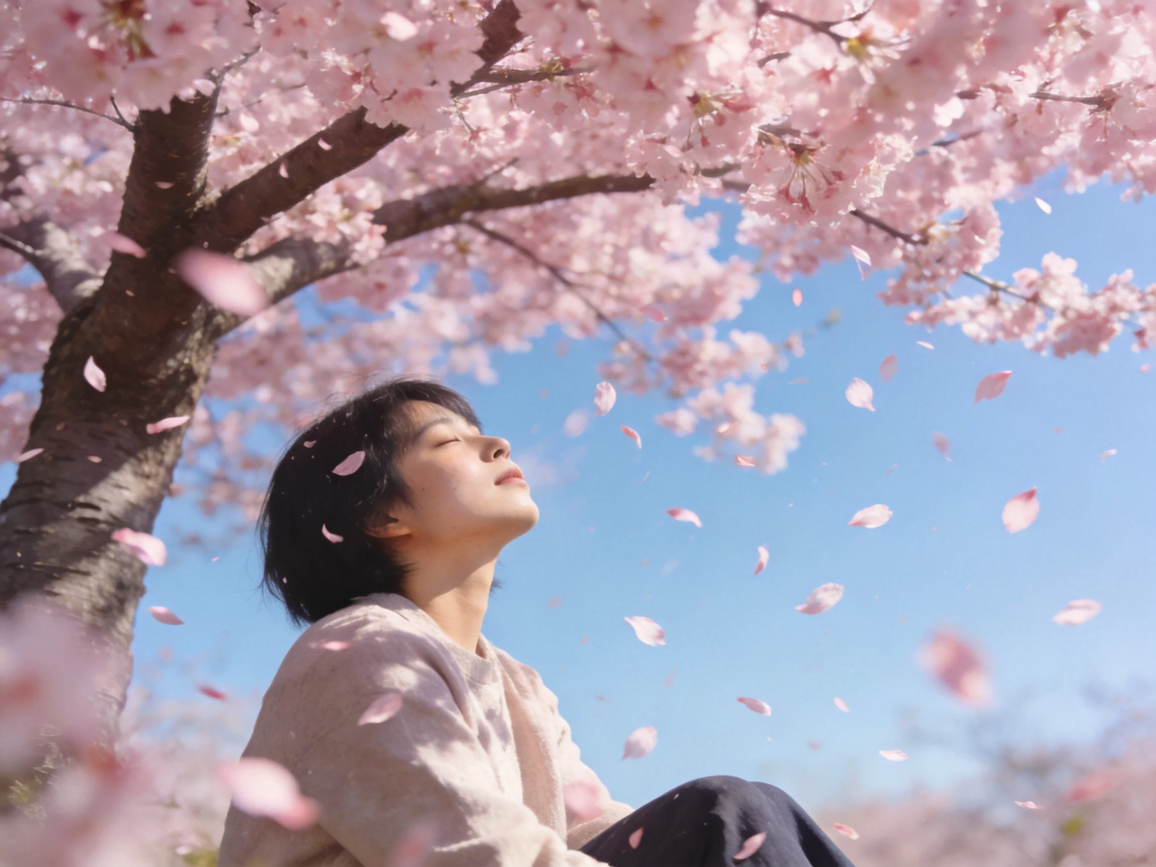 A person sits amid falling cherry blossom petals under blooming trees