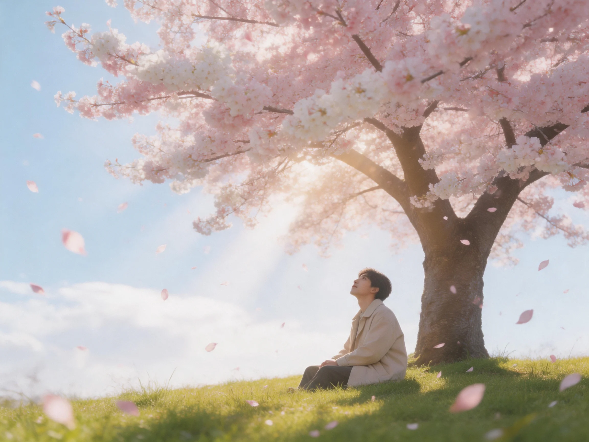 A person sits beneath a blooming cherry blossom tree on a sunny day