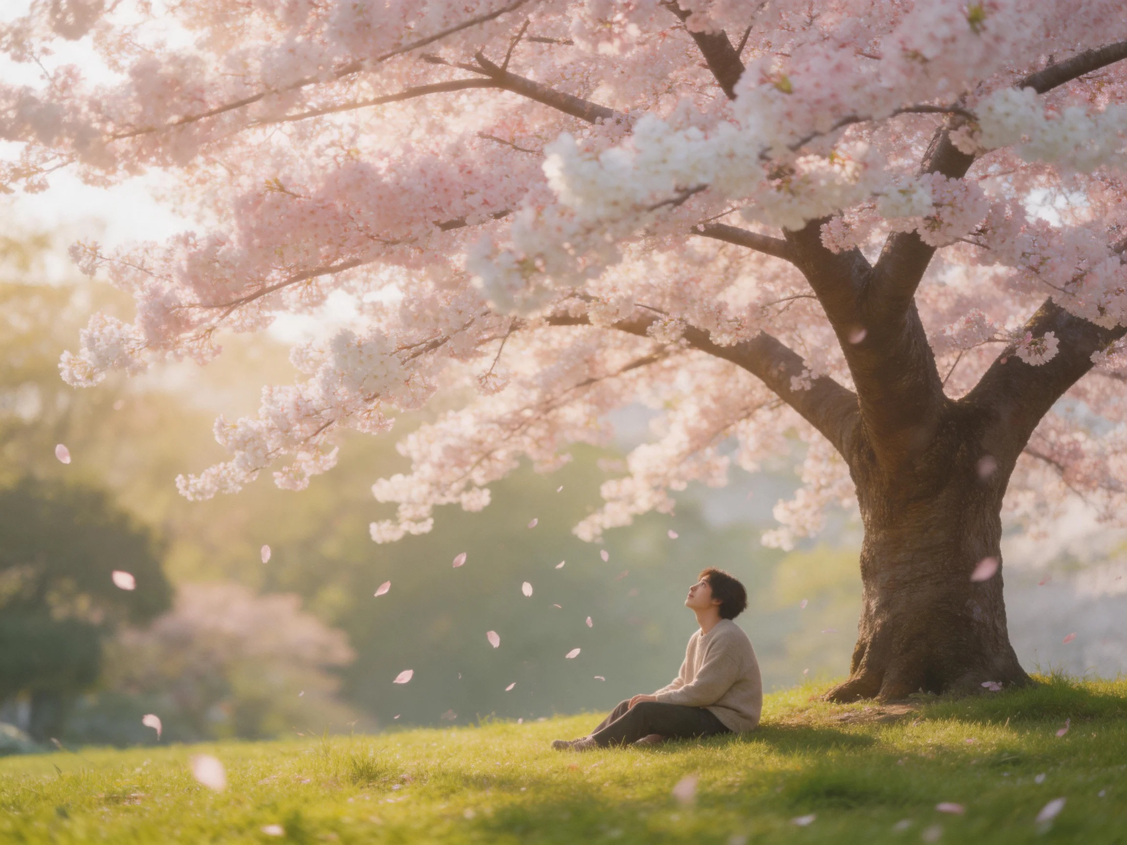 A person sits beneath a large pink cherry blossom tree on green grass