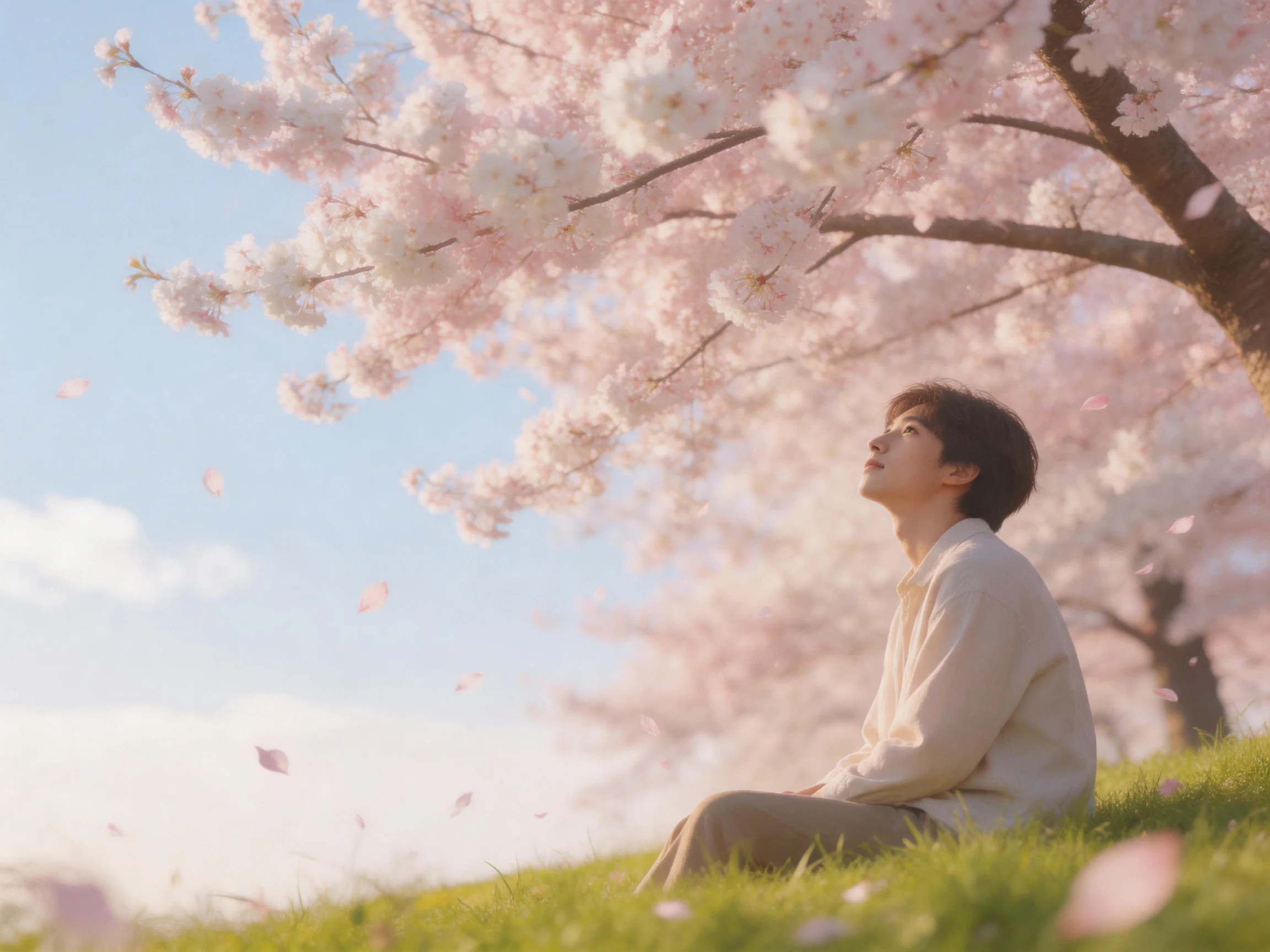 A person sits beneath blooming cherry blossom trees on a grassy hill