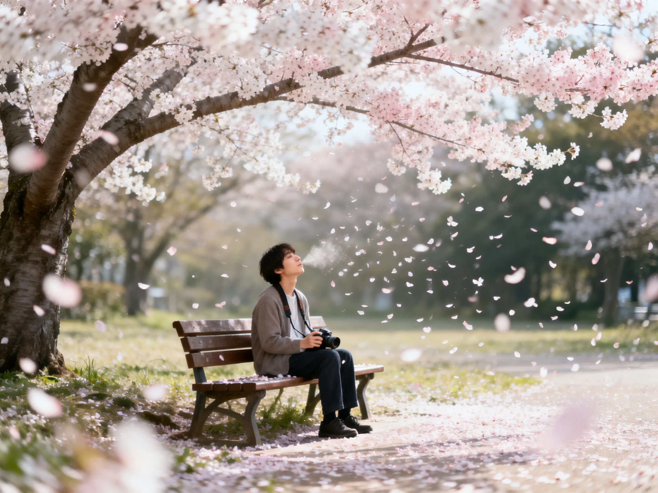 A person sits on a bench beneath blooming cherry blossom trees