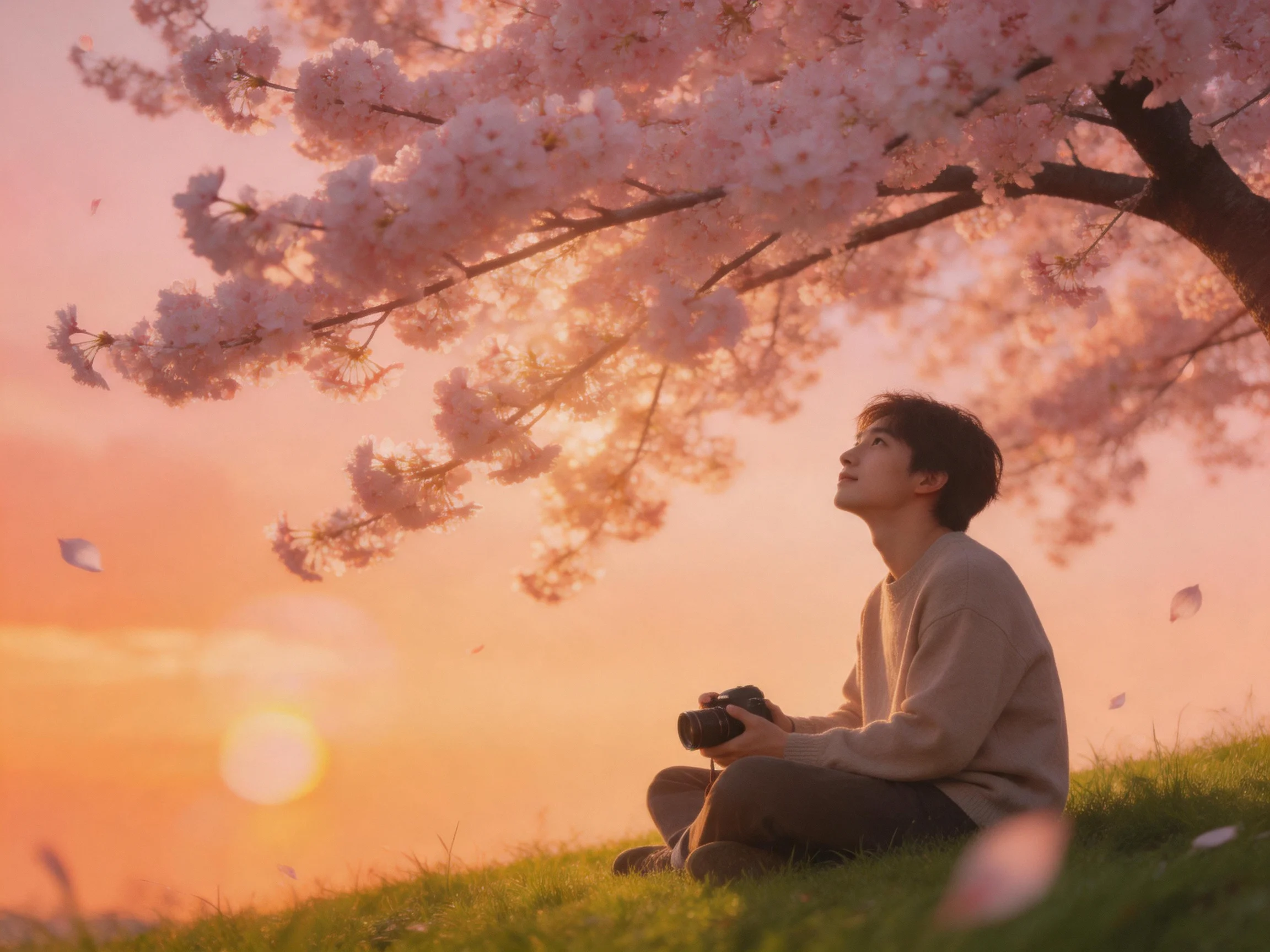 A person sits under pink cherry blossoms during a golden sunset