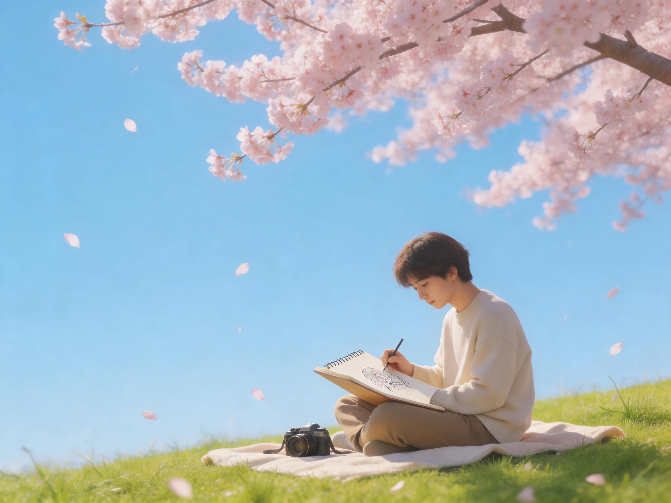 A person sketching beneath blooming cherry blossoms on a sunny hillside