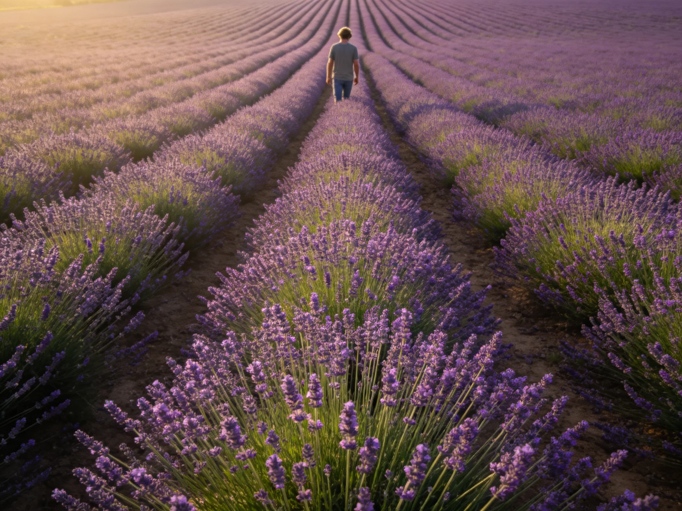 A person walks through extensive lavender field rows at sunset.