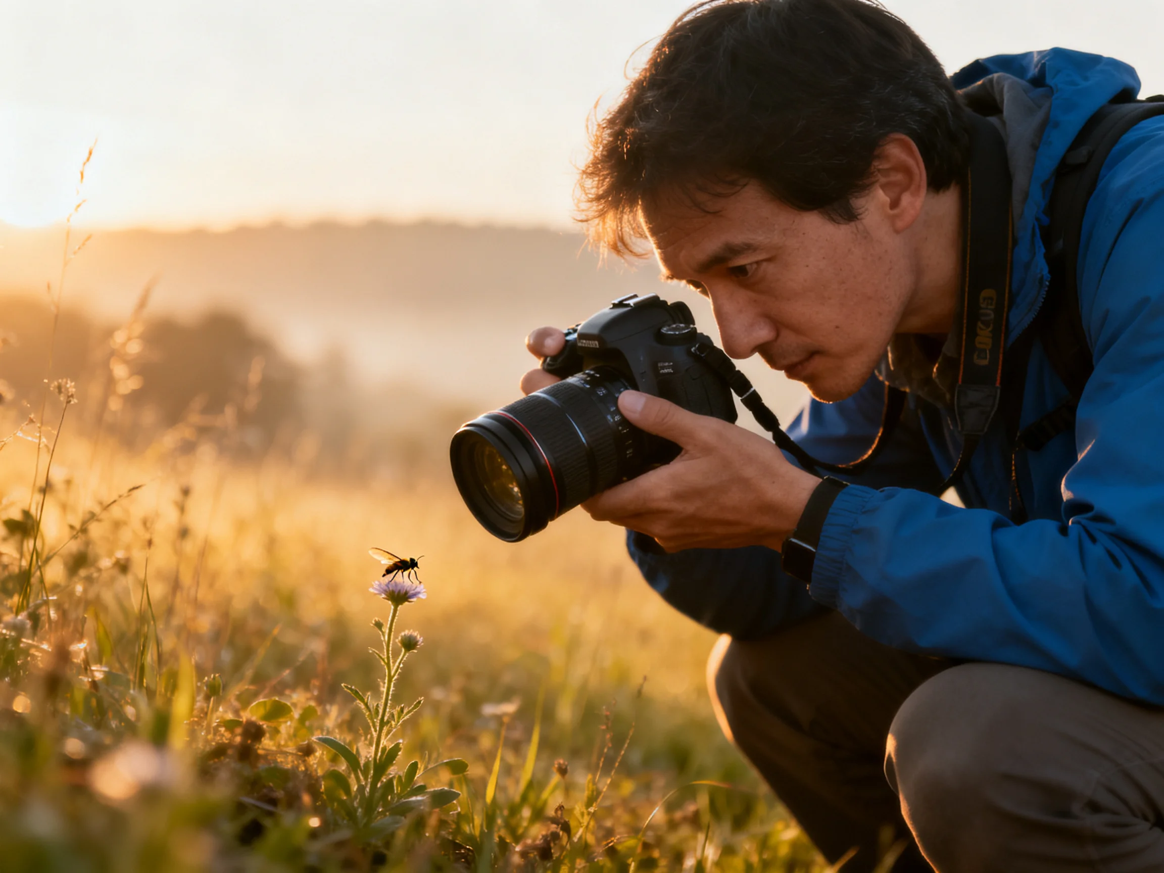A photographer capturing a bee on a wildflower in a sunlit meadow