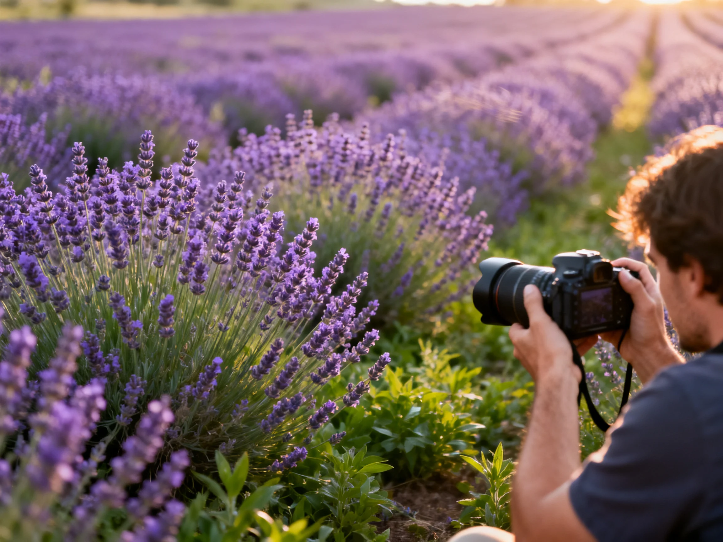 A photographer capturing vibrant lavender fields at golden hour