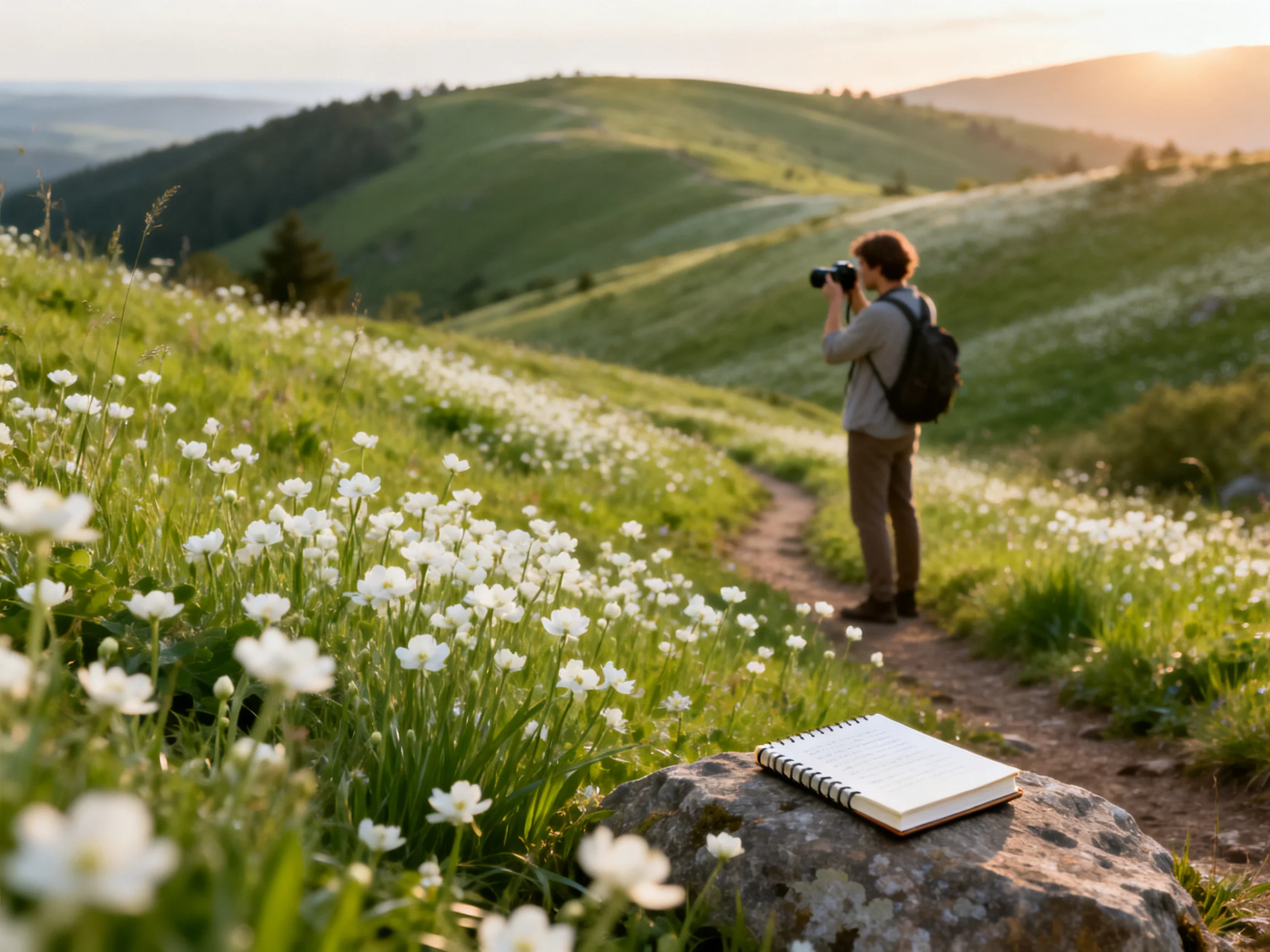 A photographer photographs white wildflowers in a sunlit rolling hillside