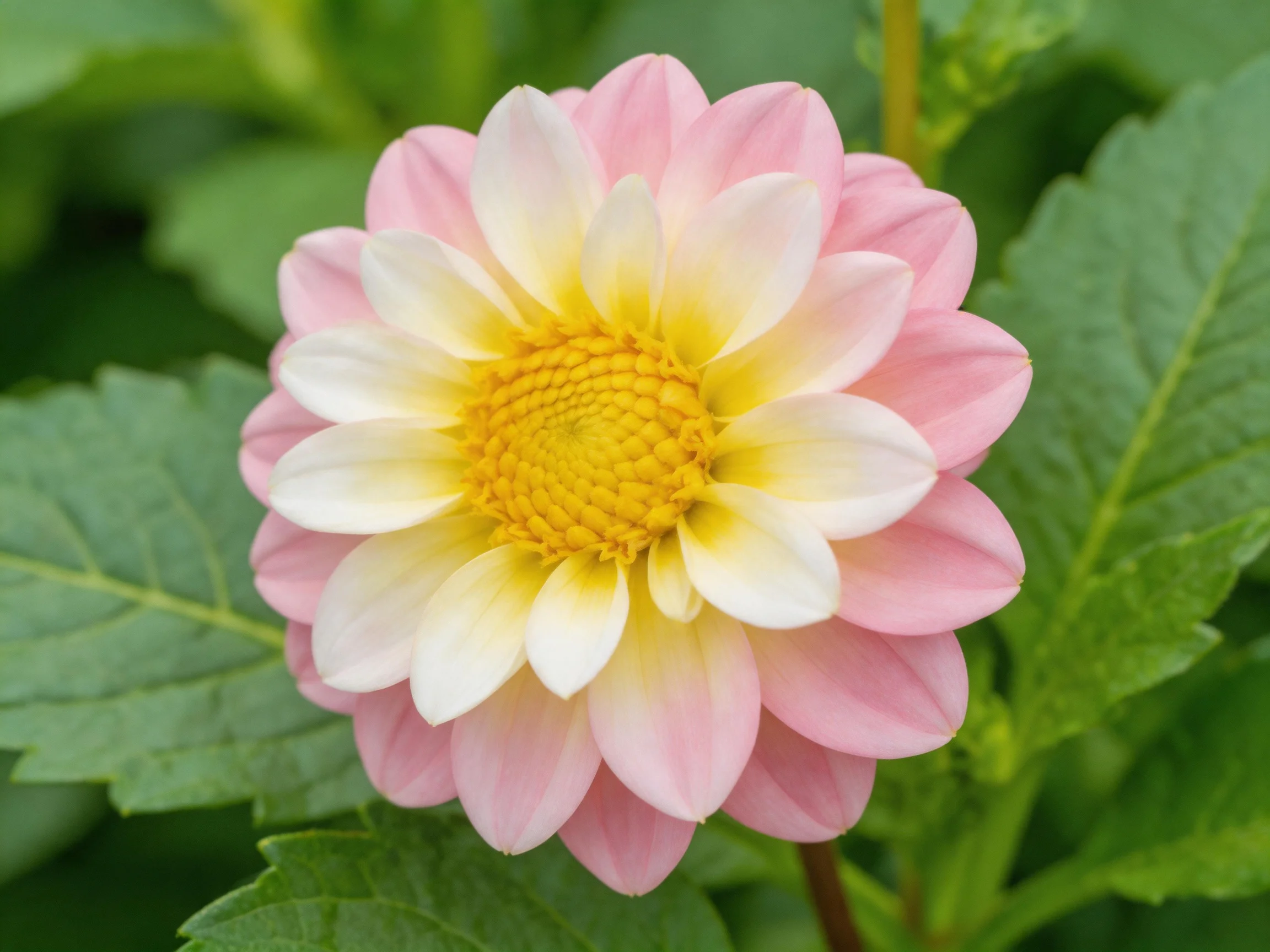 A pink and cream dahlia with a bright yellow center amid lush green foliage