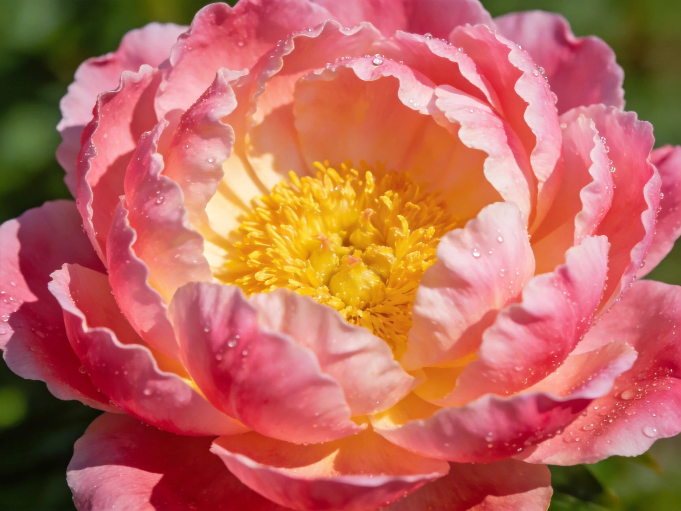 A pink and cream peony with golden-yellow center and dewdrops