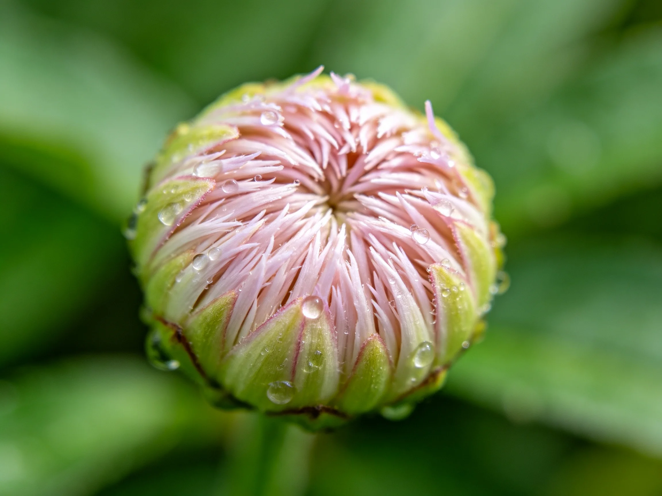 A pink and green flower bud with water droplets, close-up view