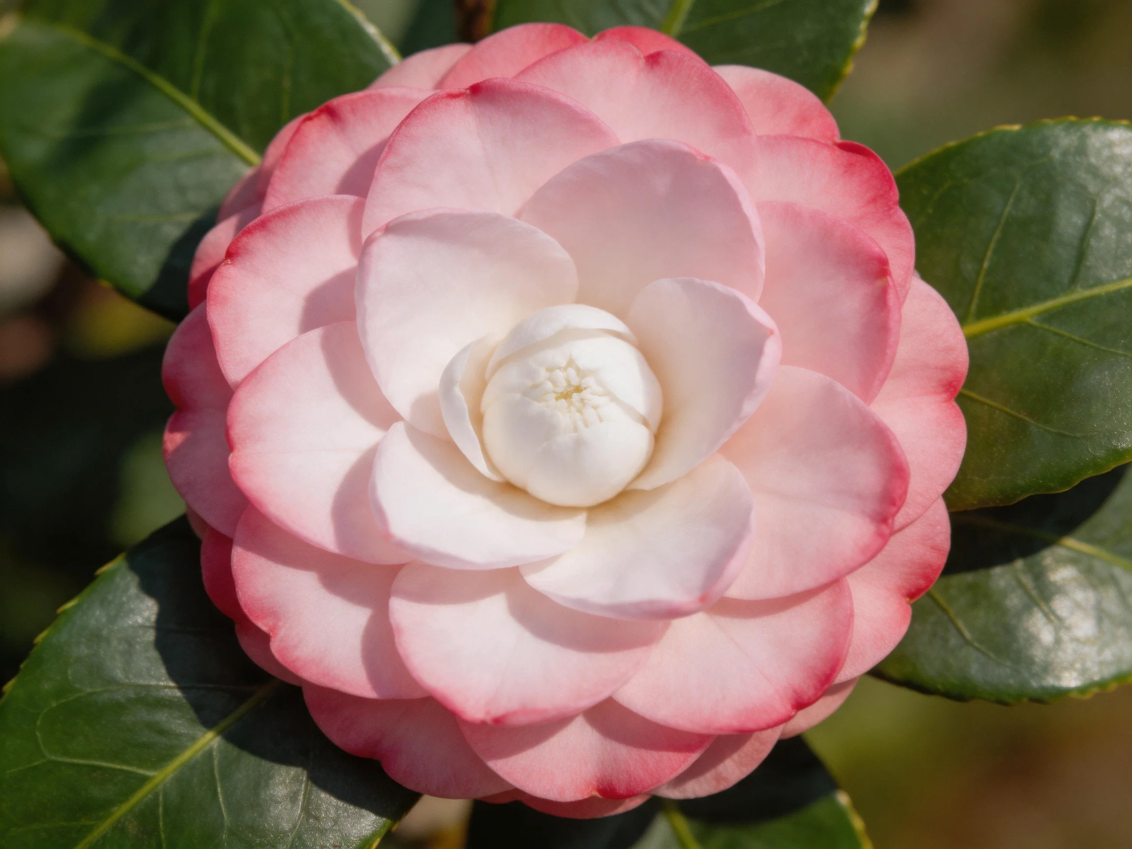 A pink and white camellia flower with glossy green foliage