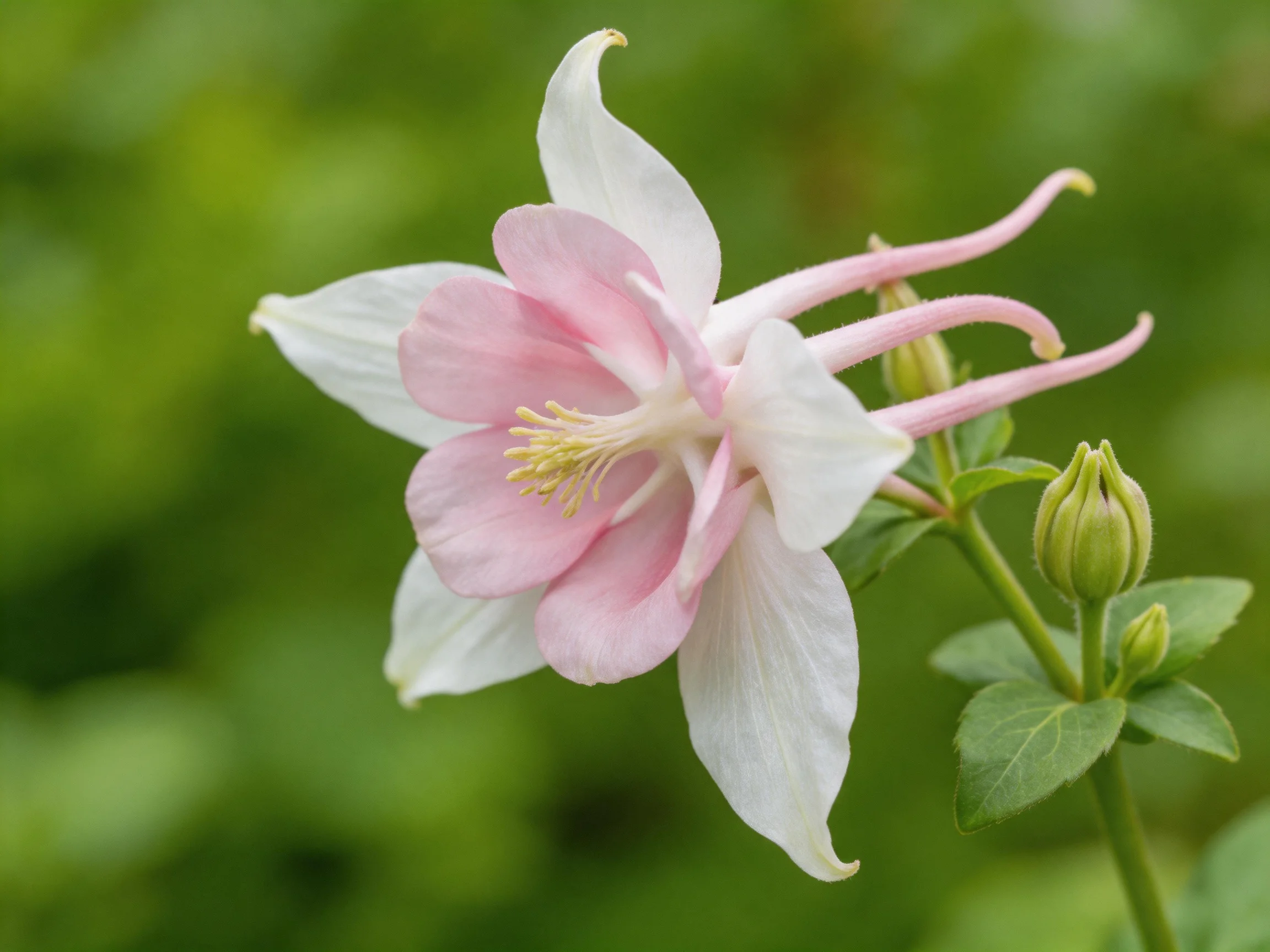 A pink and white columbine flower with unopened buds