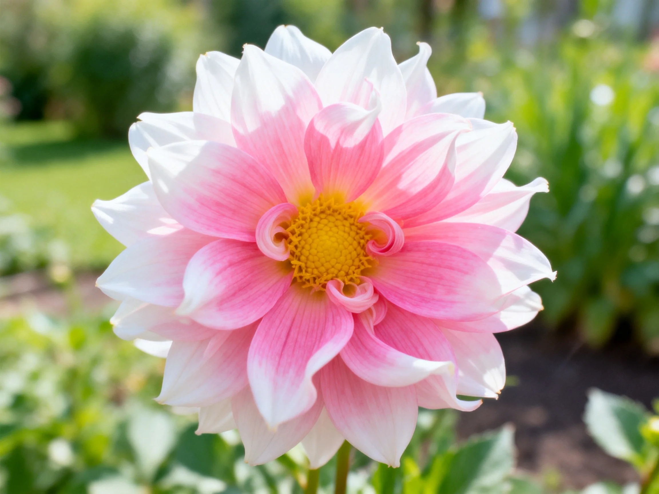 A pink and white dahlia blooms vibrantly in a sunlit garden