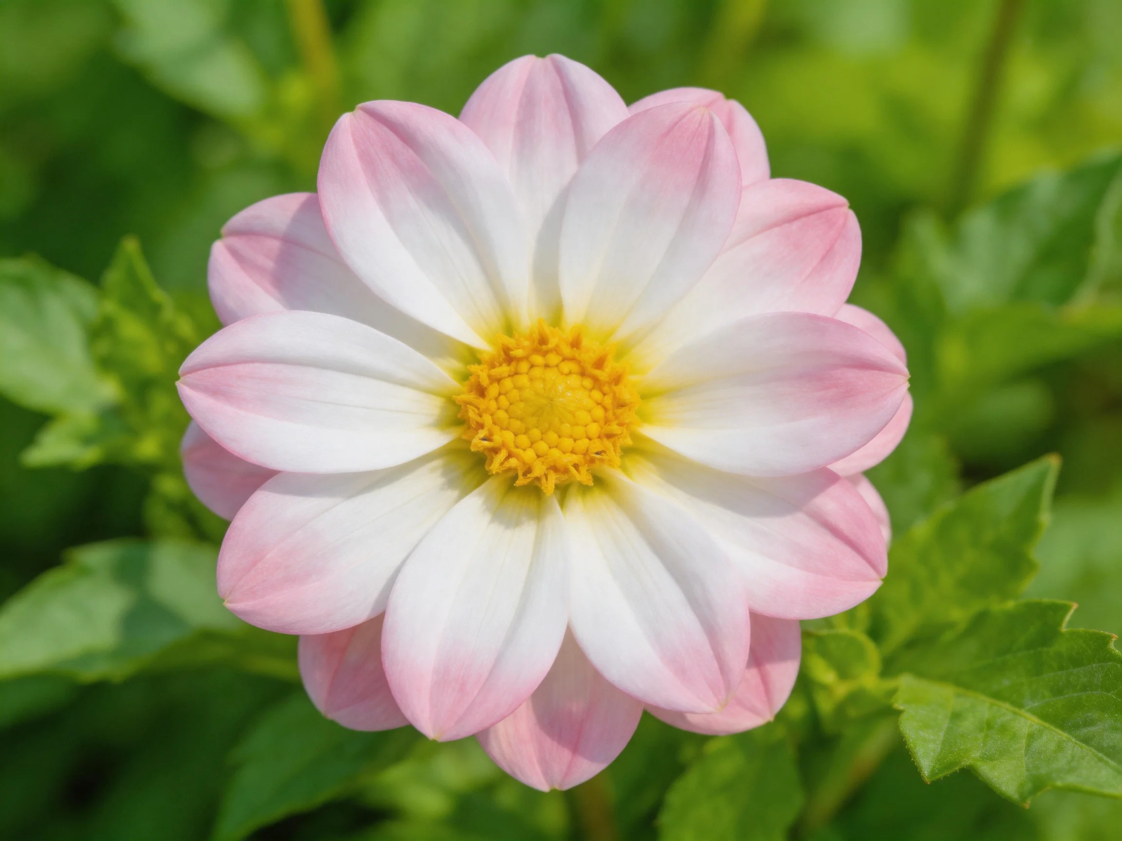 A pink and white dahlia with a bright yellow center among green foliage