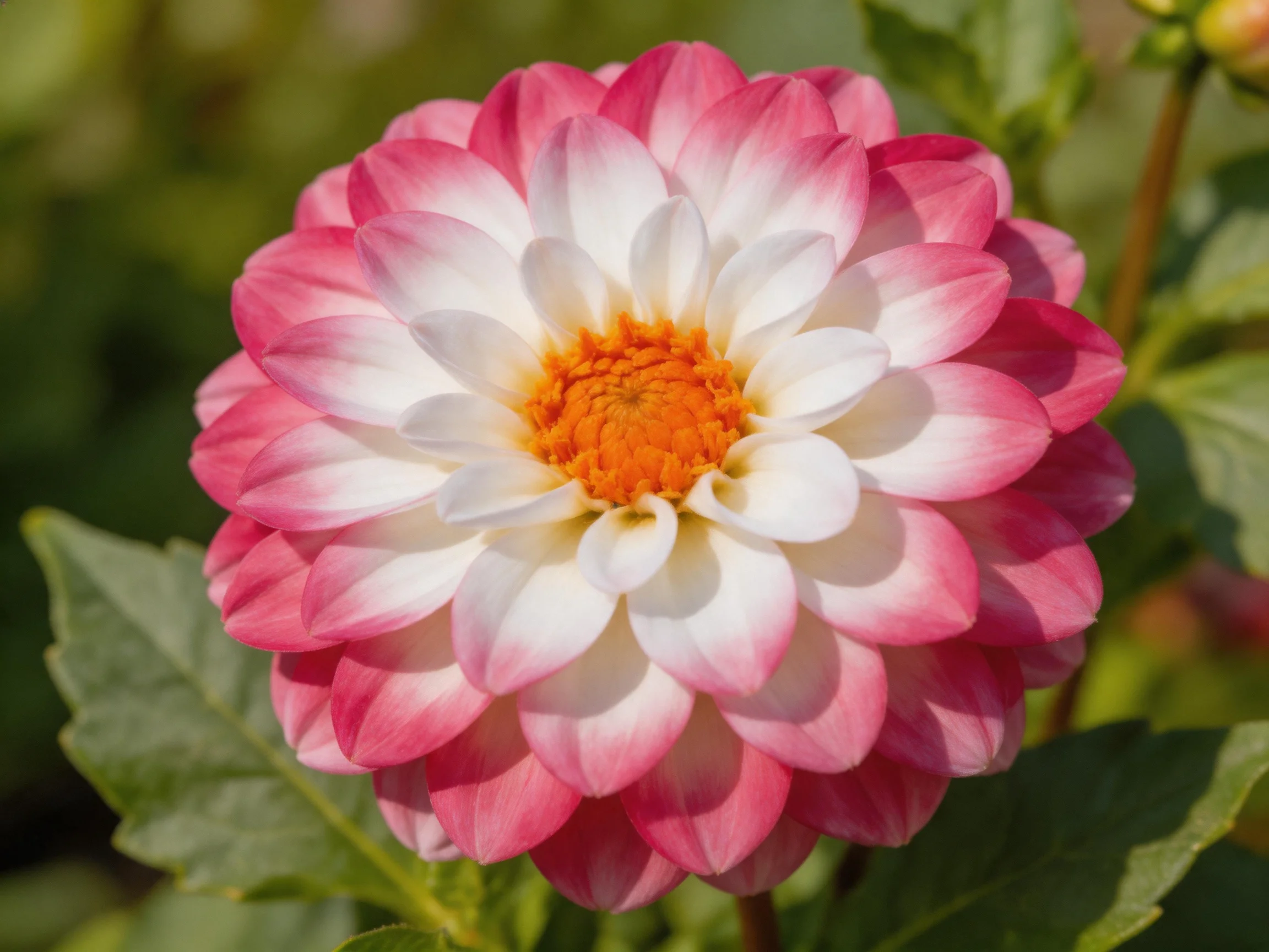 A pink and white dahlia with layered petals and an orange center