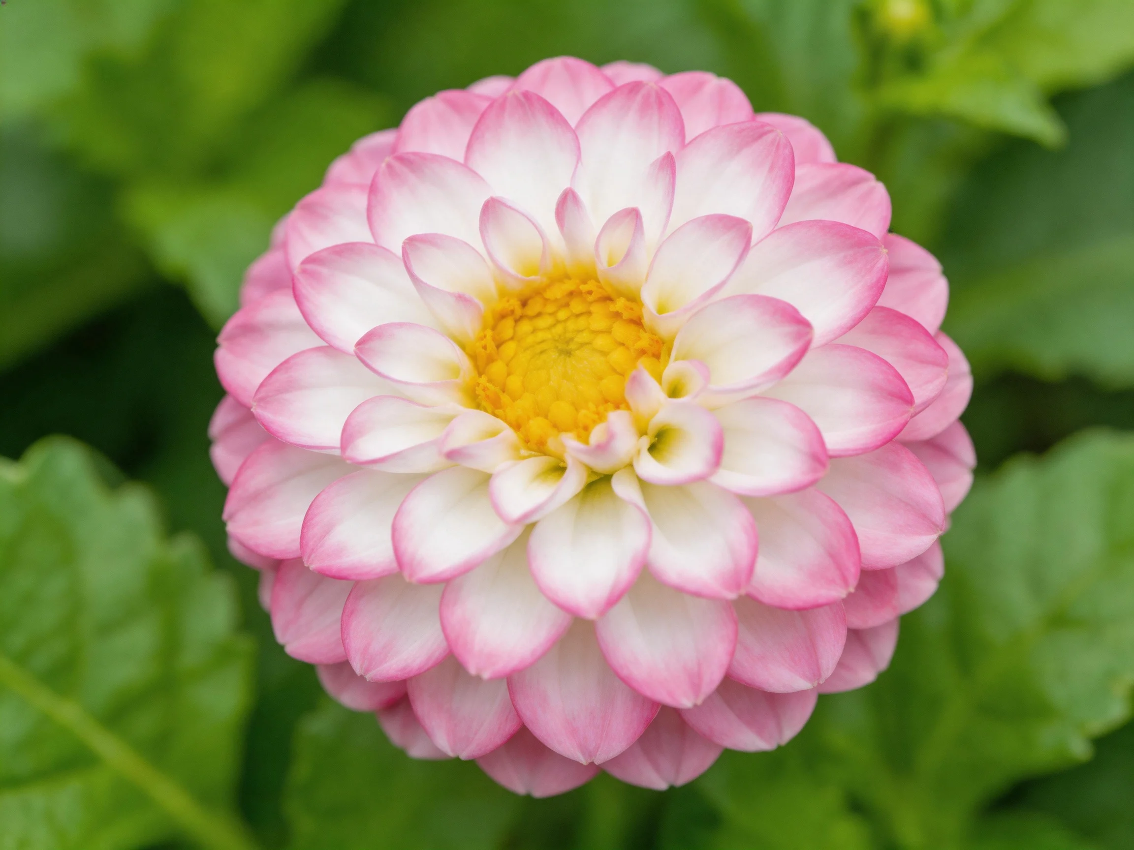 A pink and white layered flower with a bright yellow center