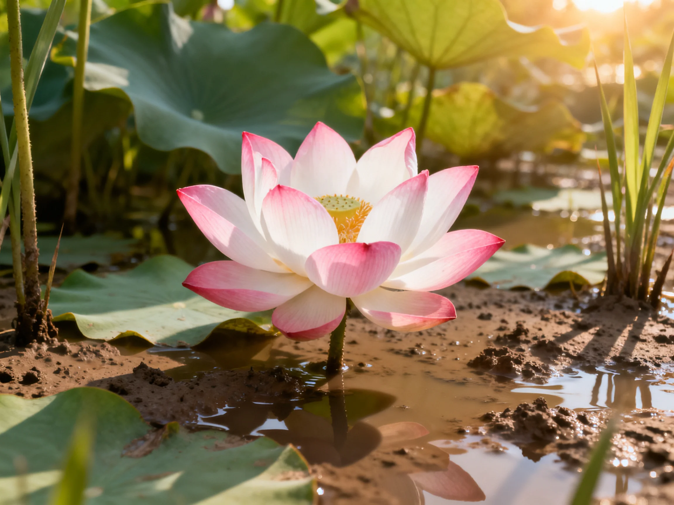 A pink and white lotus grows in a muddy pond near green leaves