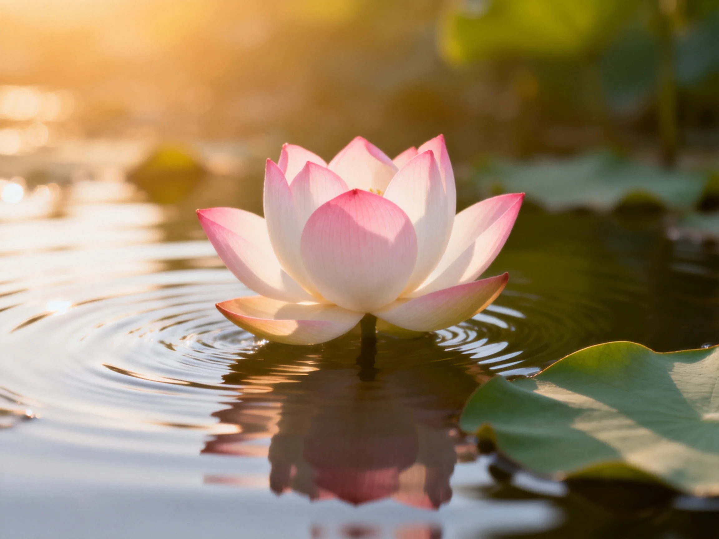 A pink and white lotus blooms serenely on calm water