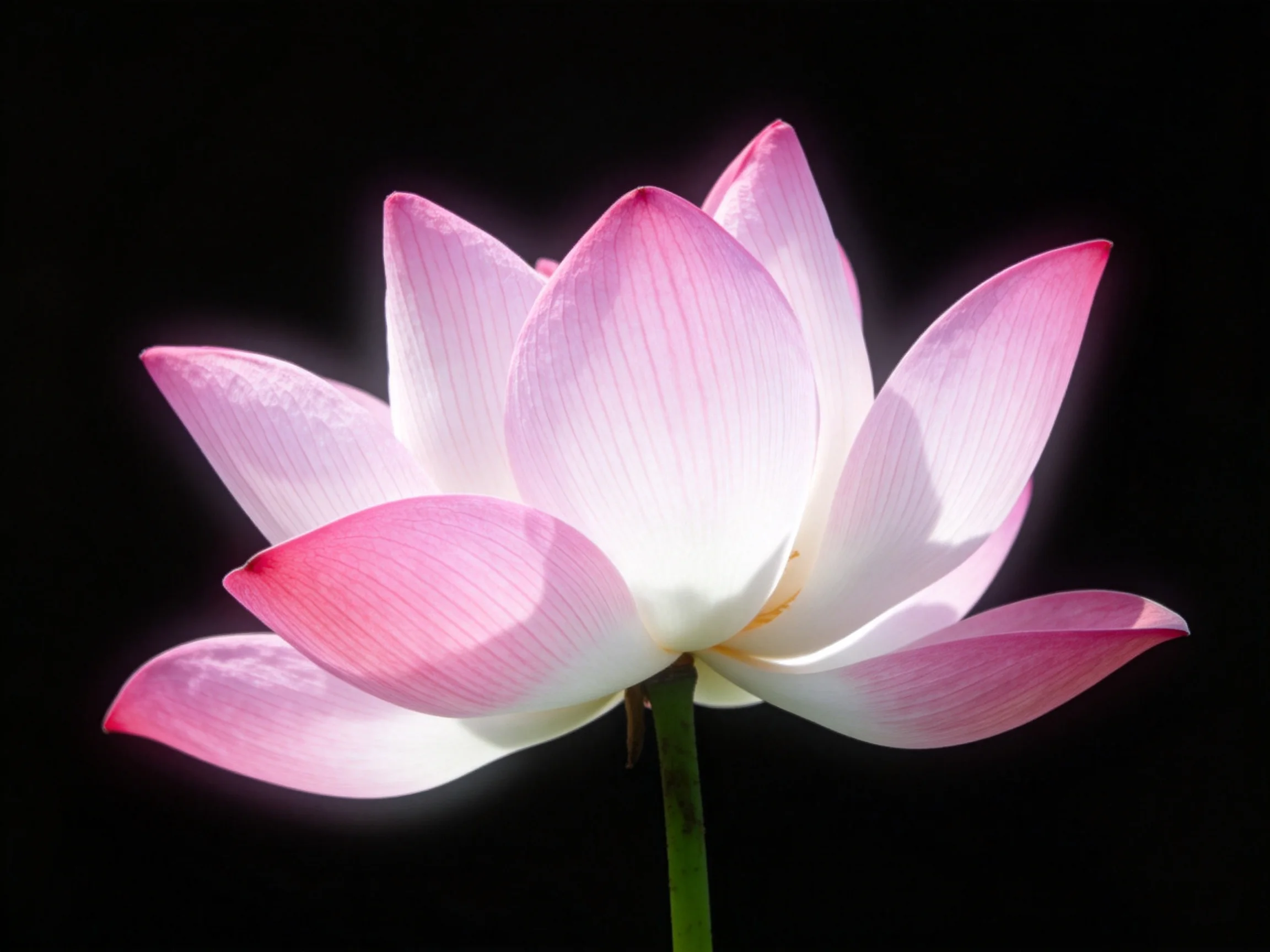 A pink and white lotus flower with layered petals on a black background
