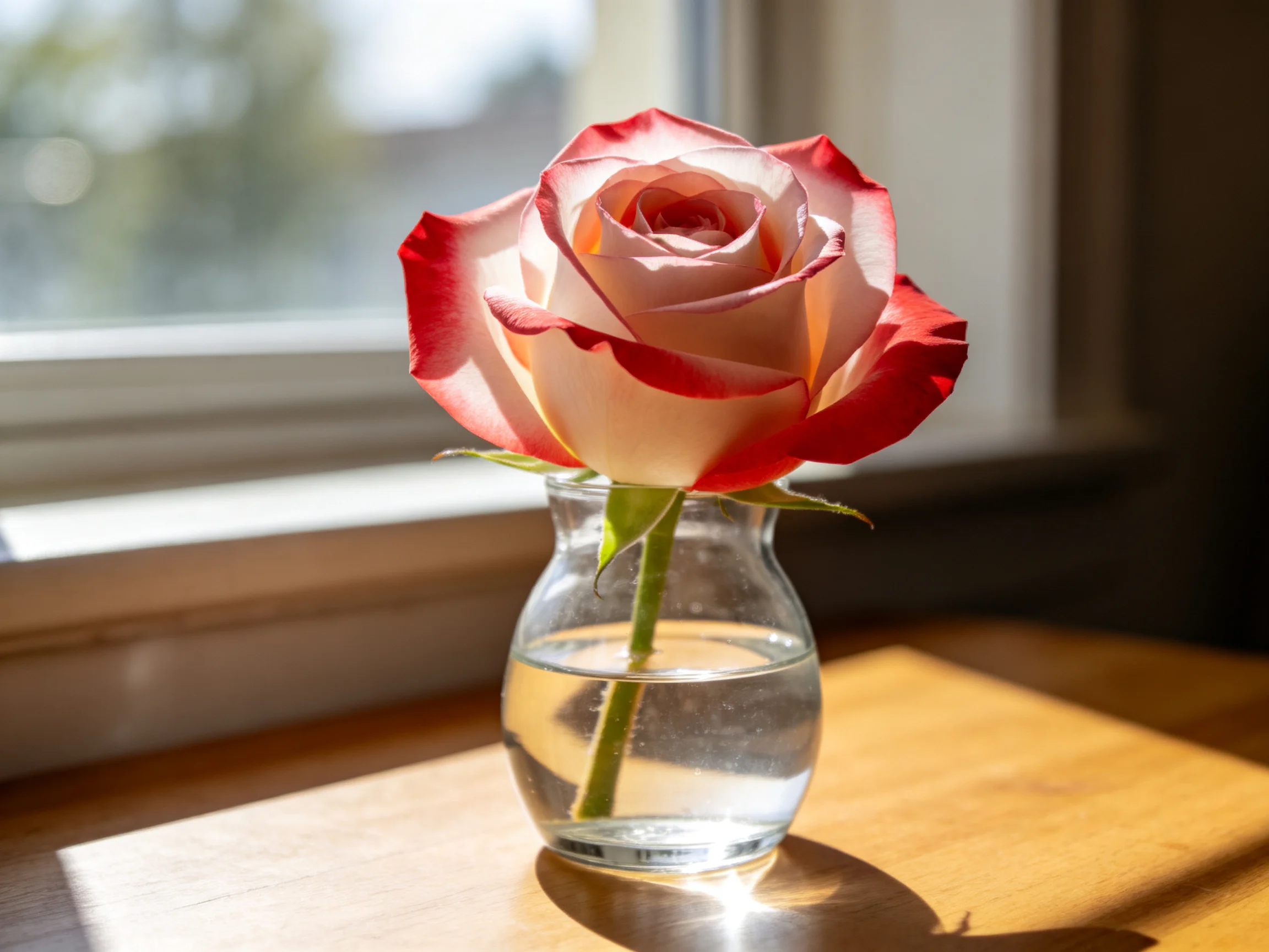 A pink and white rose in a small glass vase by a sunlit window
