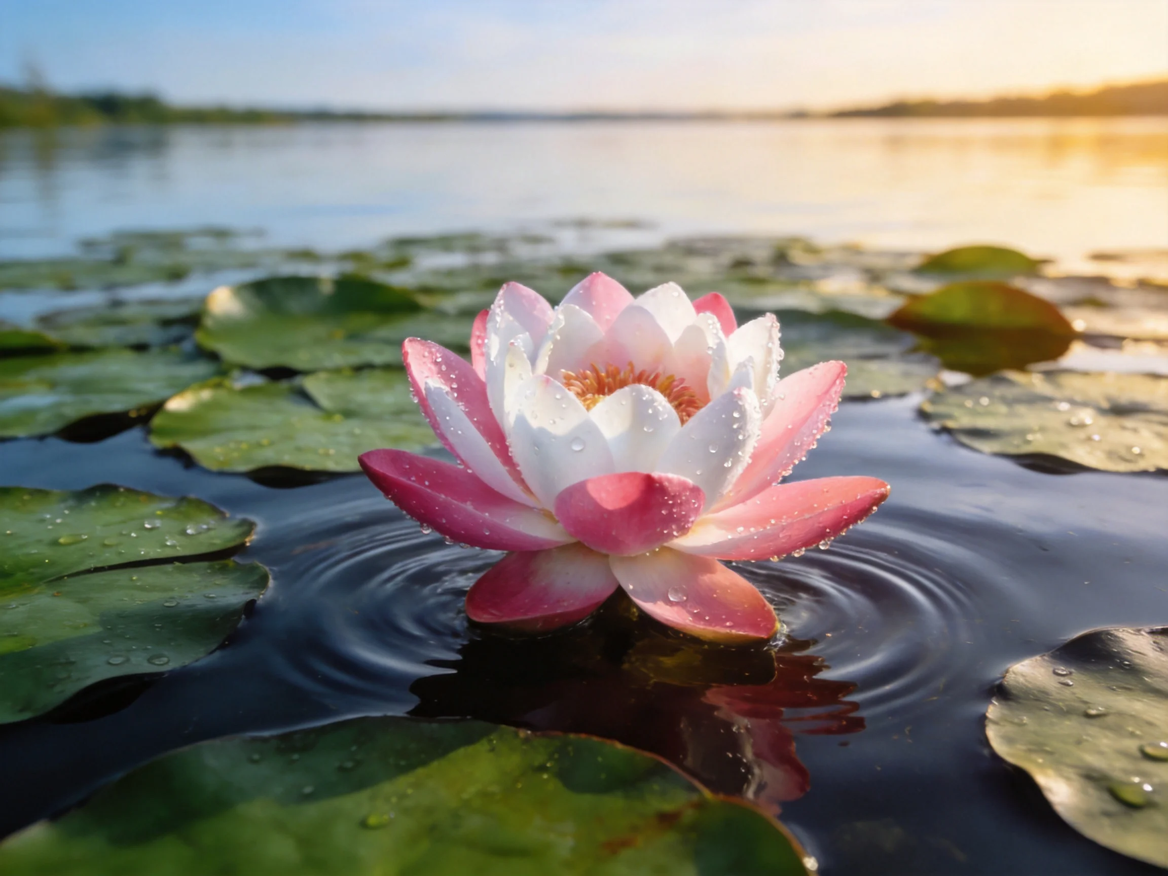 A pink and white water lily among green lily pads on calm water