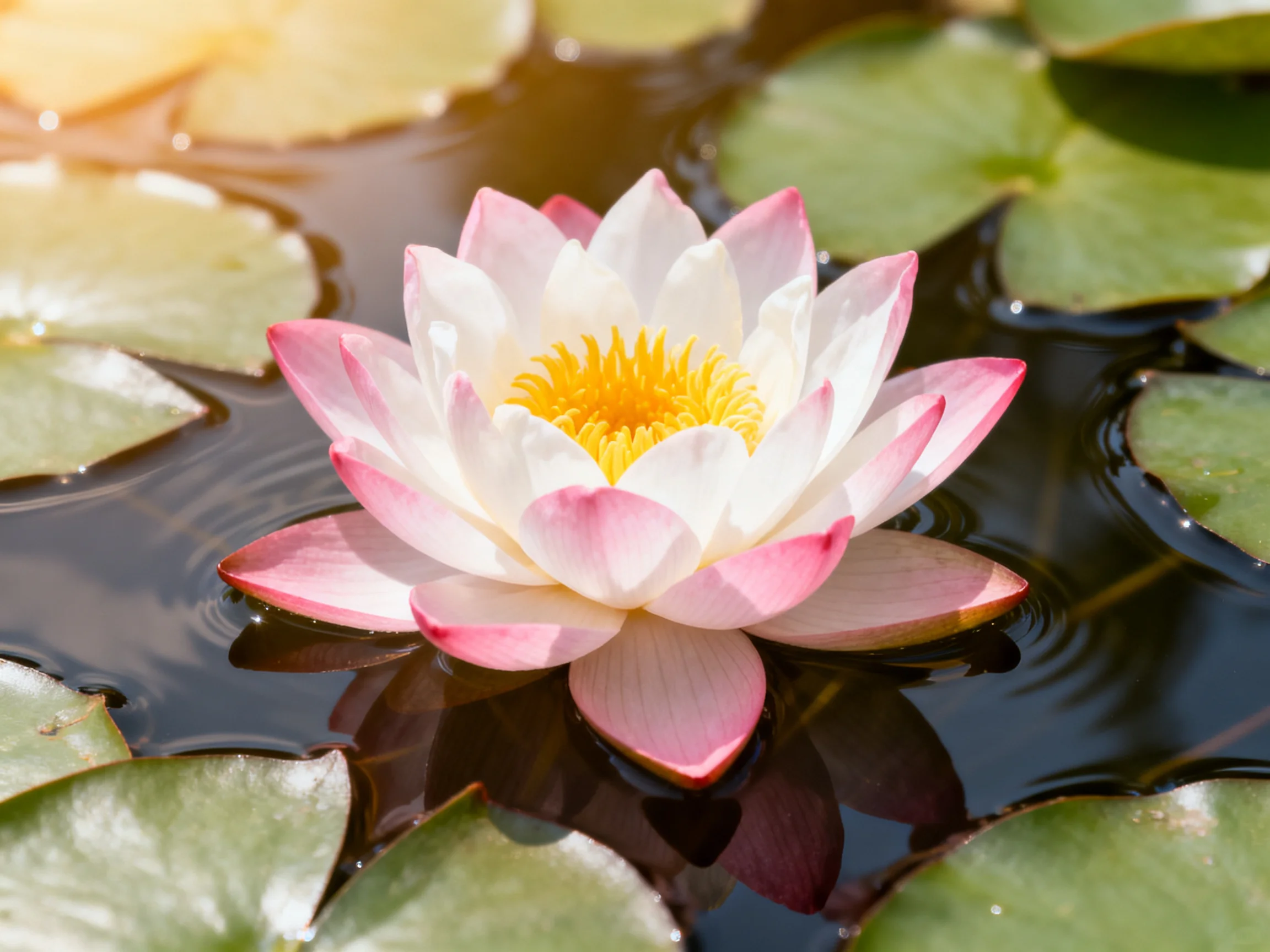 A pink-and-white water lily blooms among green lily pads in calm water