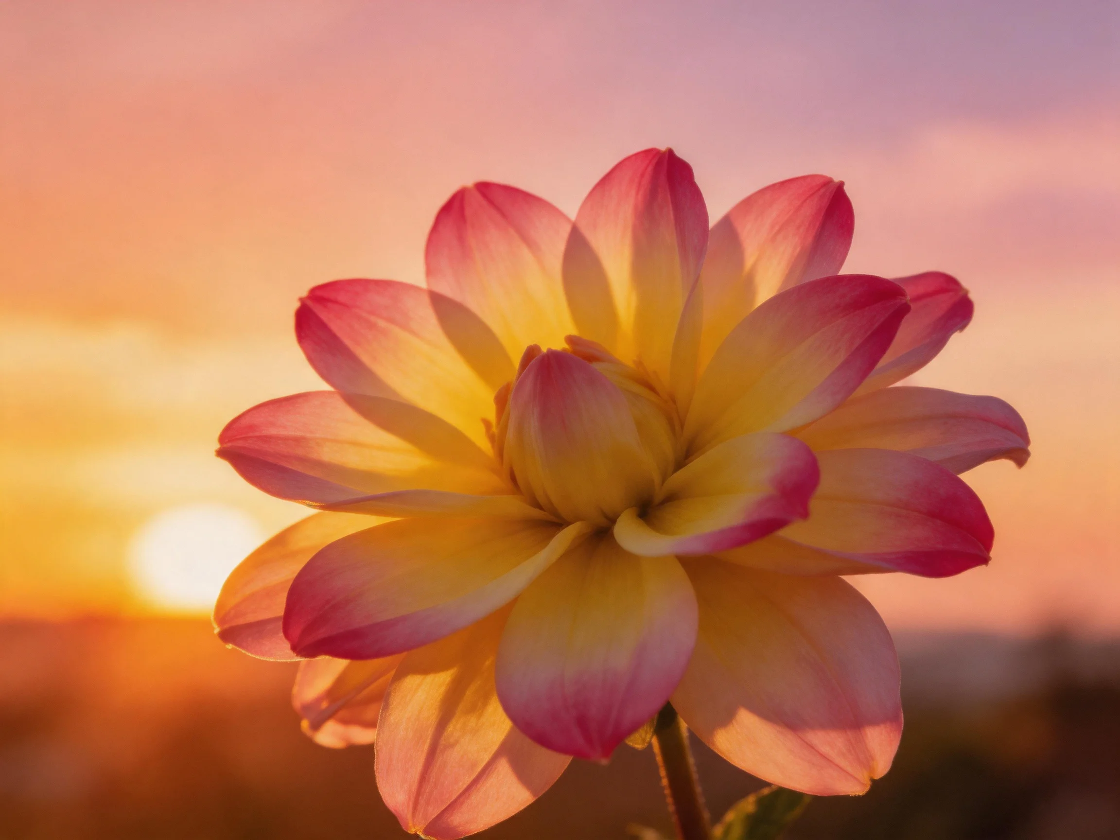 A pink and yellow dahlia under a golden sunset