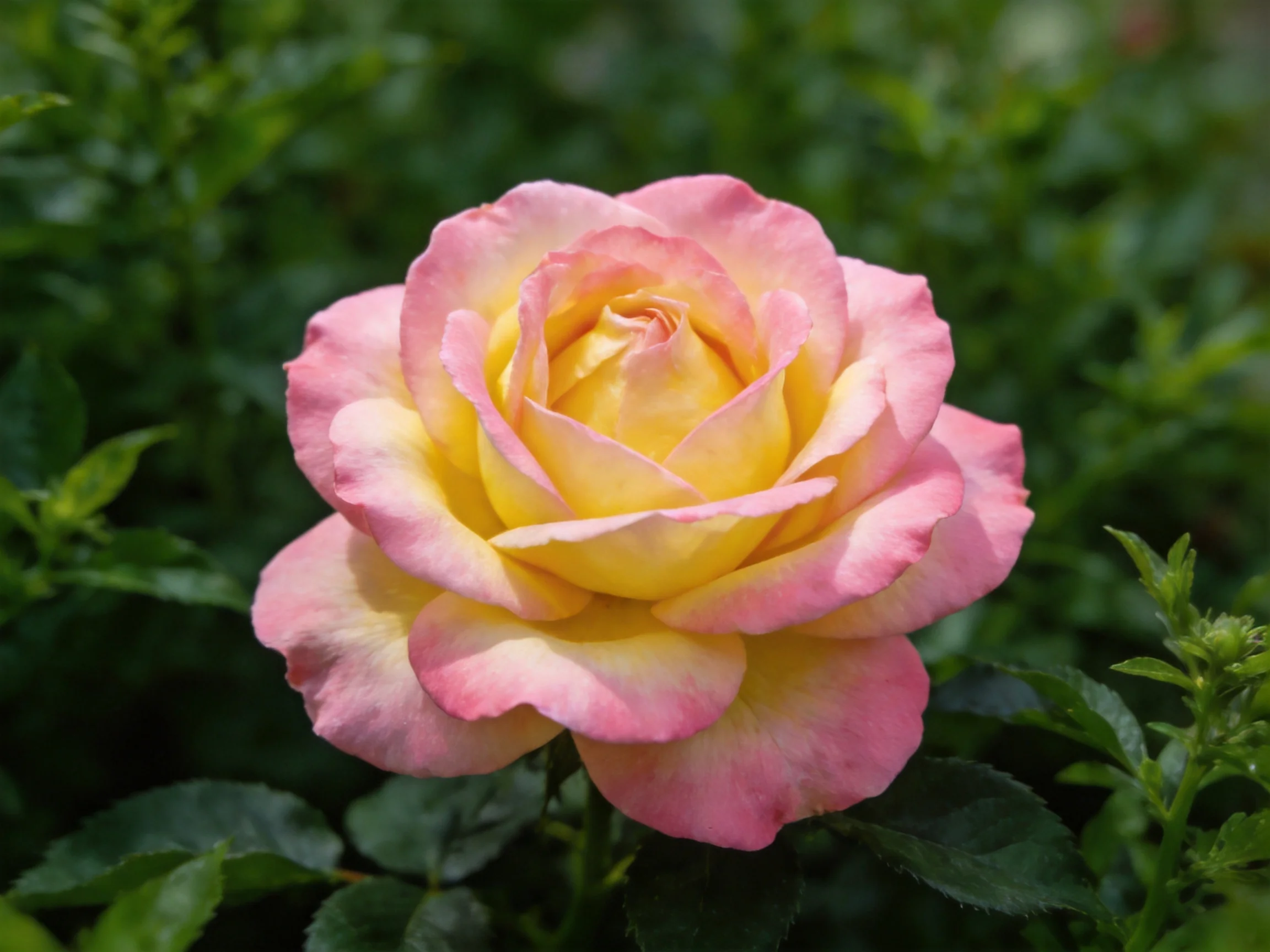 A pink and yellow rose blooms amid dense green foliage