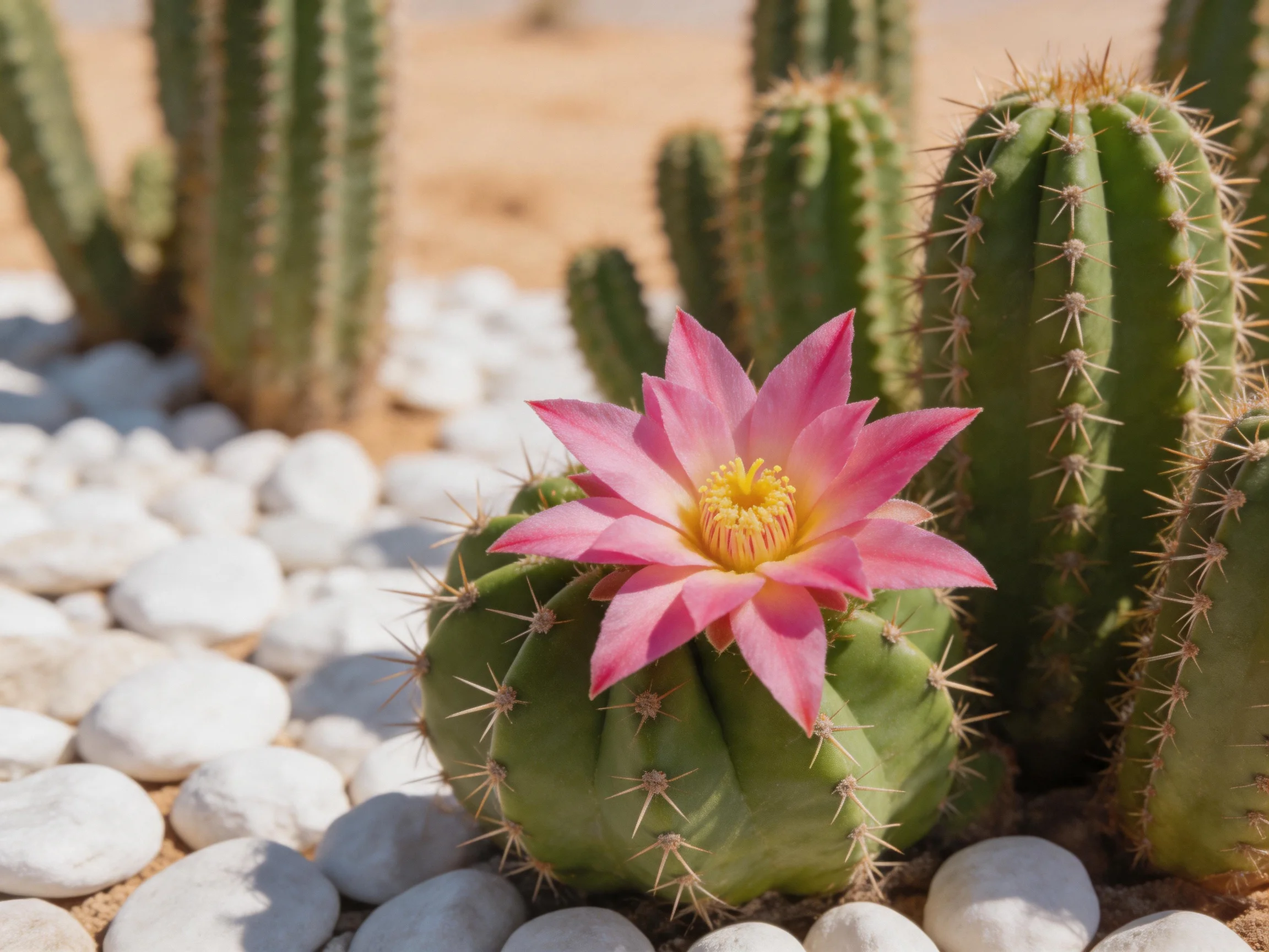 A pink cactus flower blooms among green cacti and white pebbles