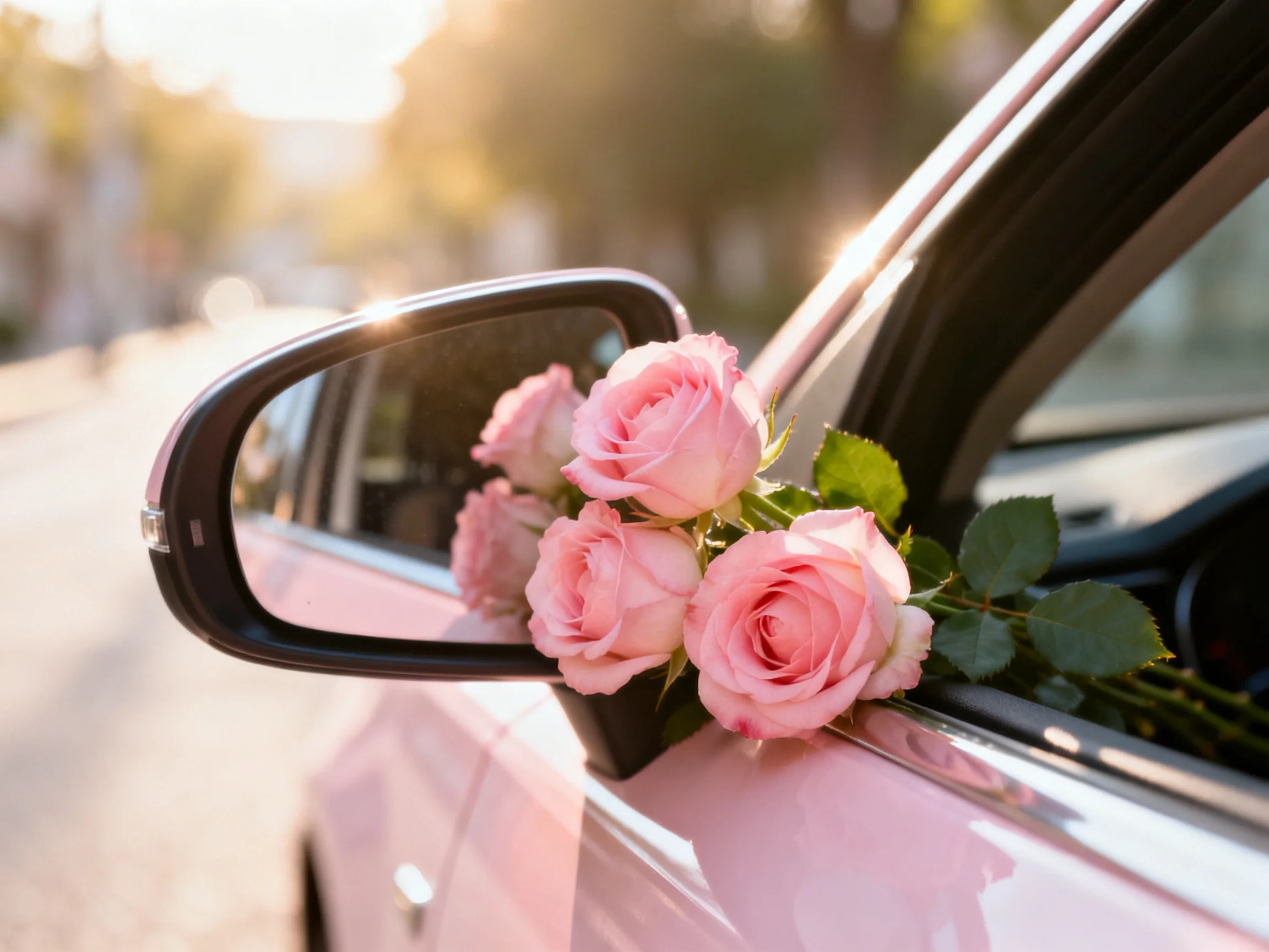 A pink car decorated with pink roses by its side mirror