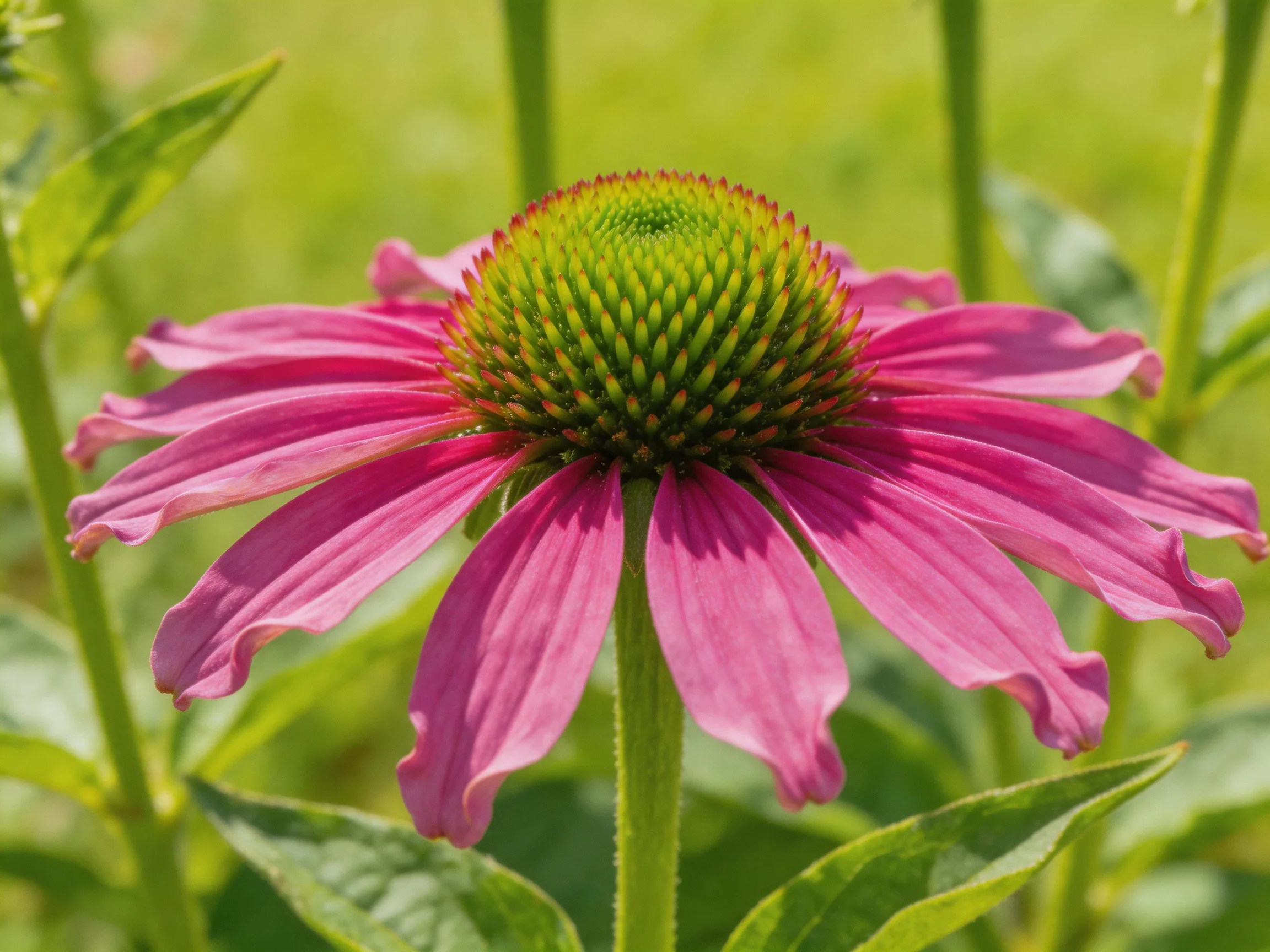 A pink coneflower with a textured green central cone