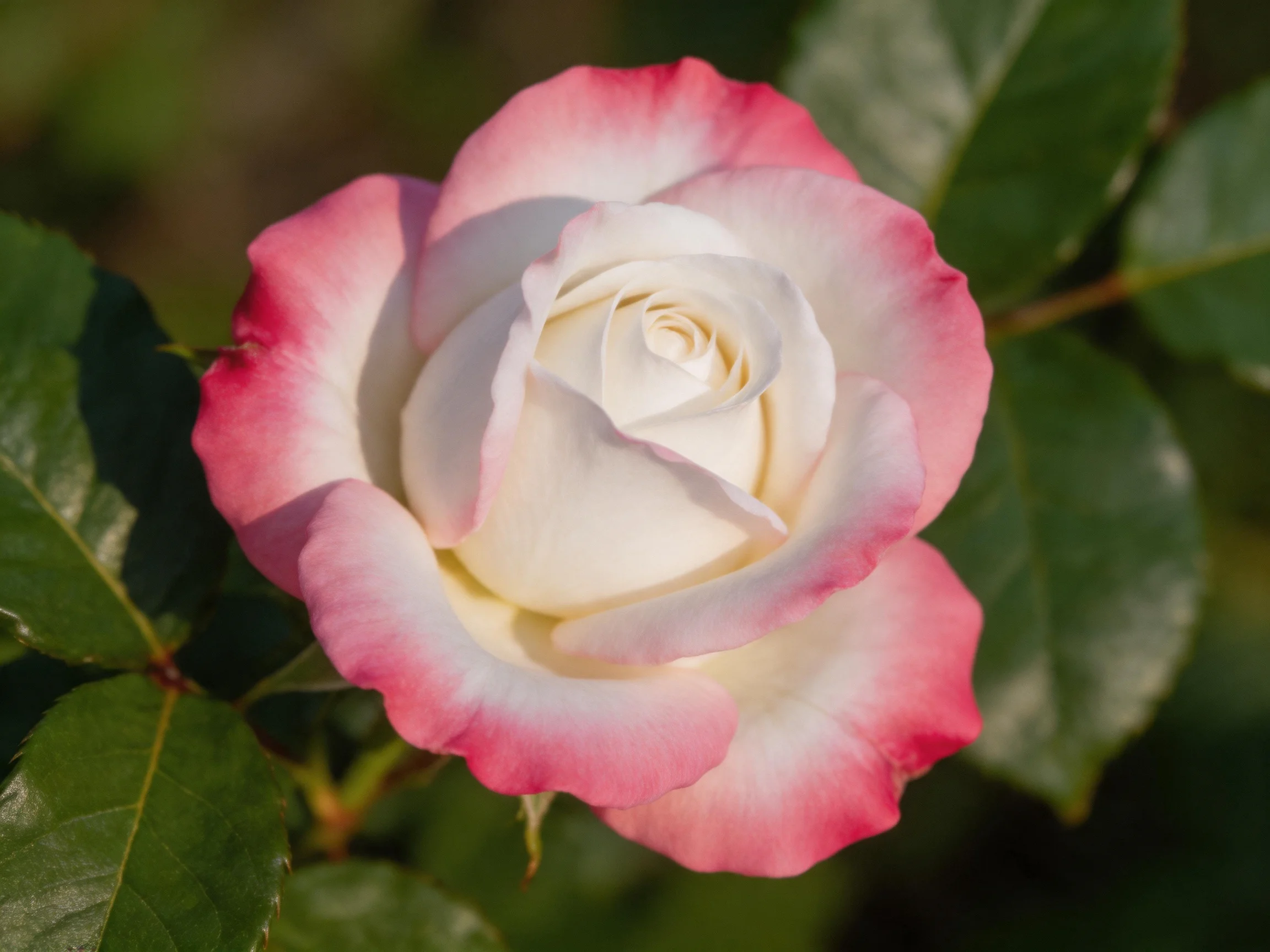 A pink-edged white rose blooms among lush green leaves