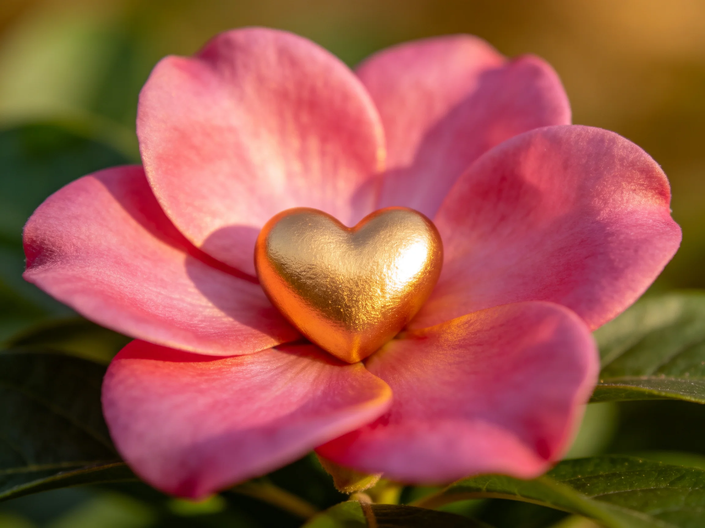 A pink flower with a golden heart nestled among its petals