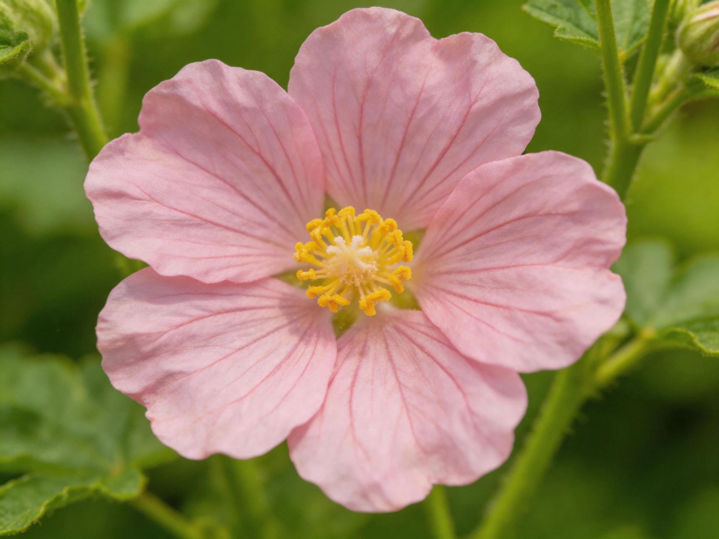 A pink flower with a yellow center amid green foliage