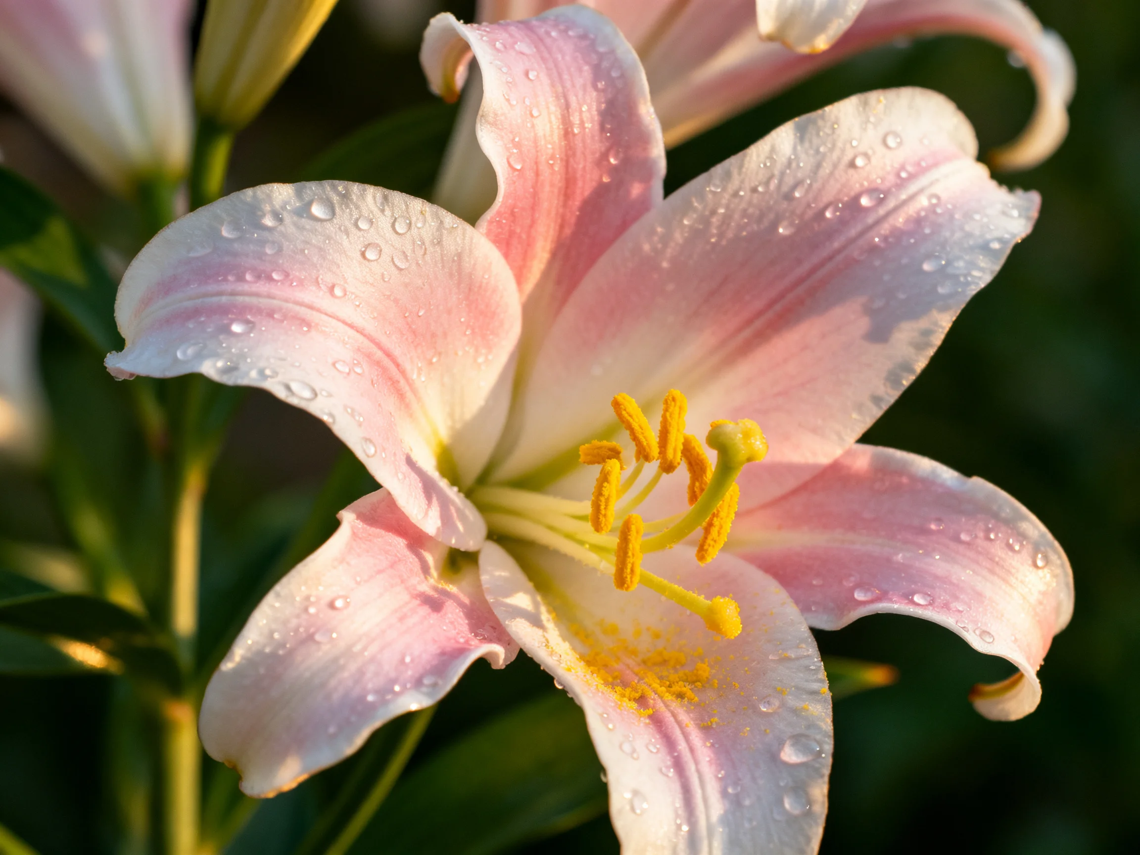 A pink lily with water droplets and soft gradient petals