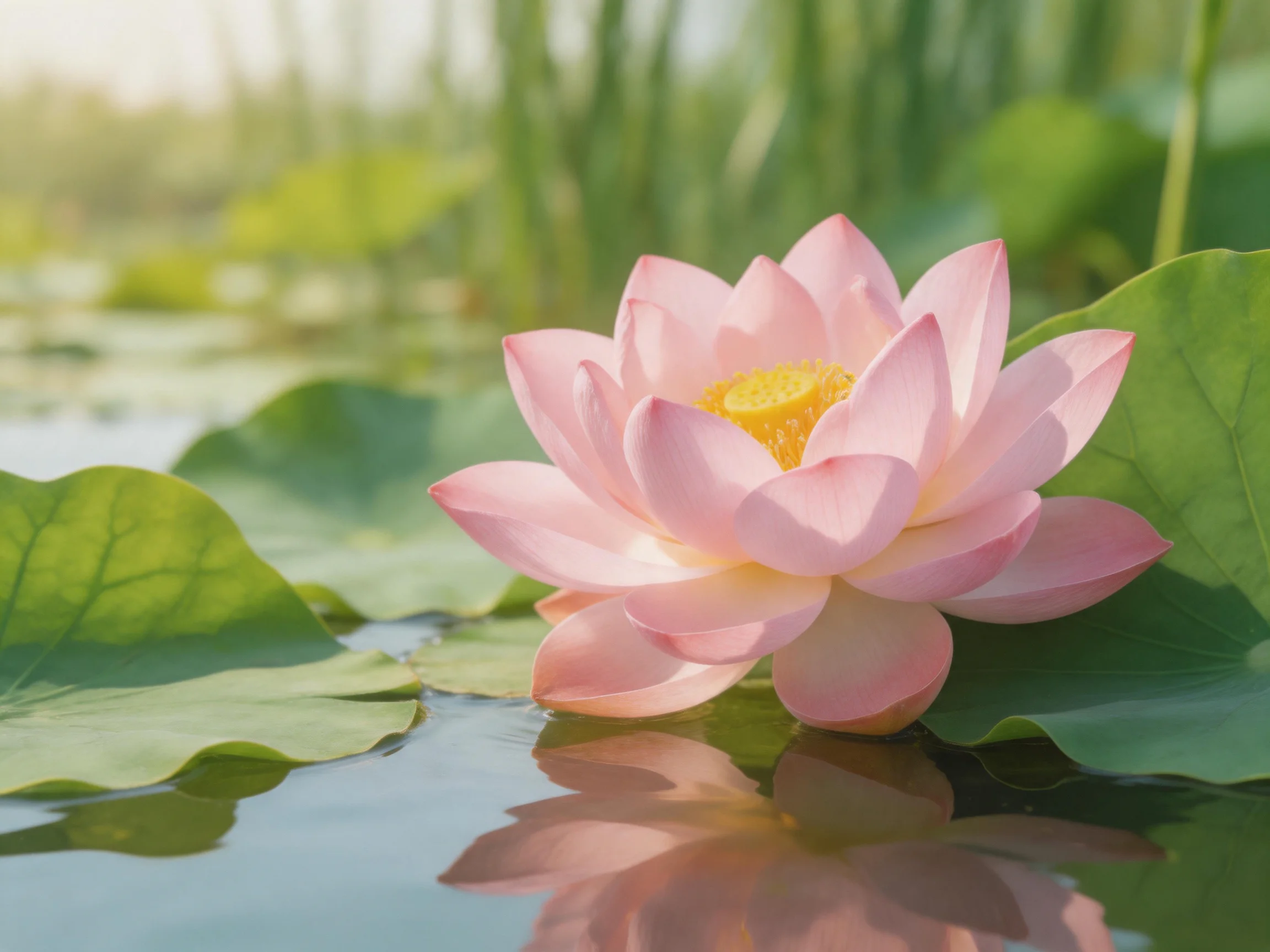 A pink lotus blooms among green lily pads on calm water