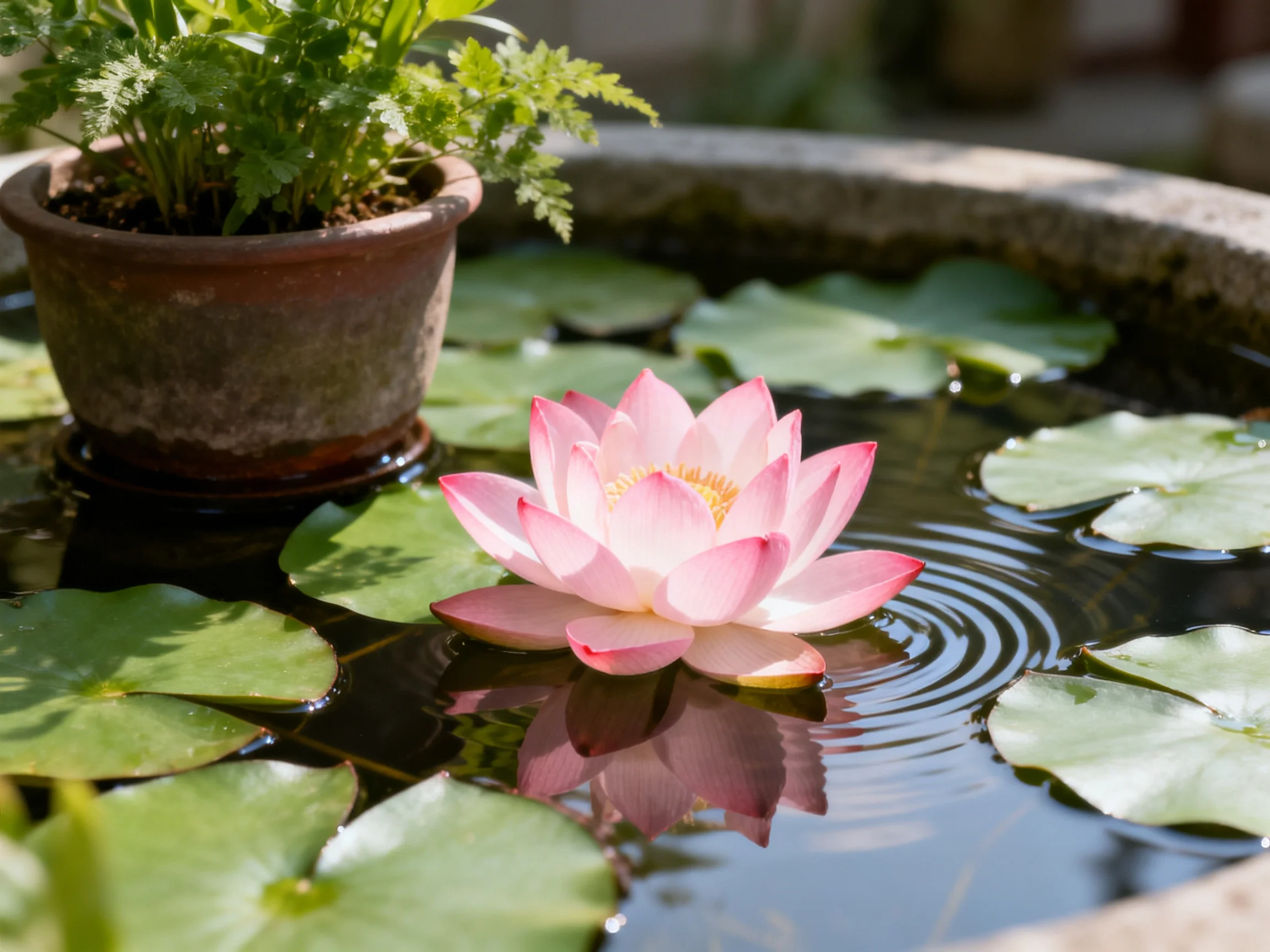 A pink water lily floats among green lily pads in a stone water basin.