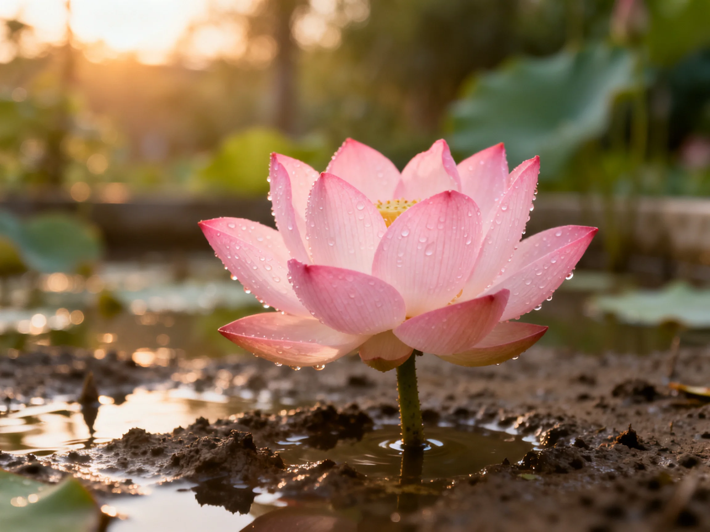 A pink lotus blooms in muddy water with dew drops under golden sunlight