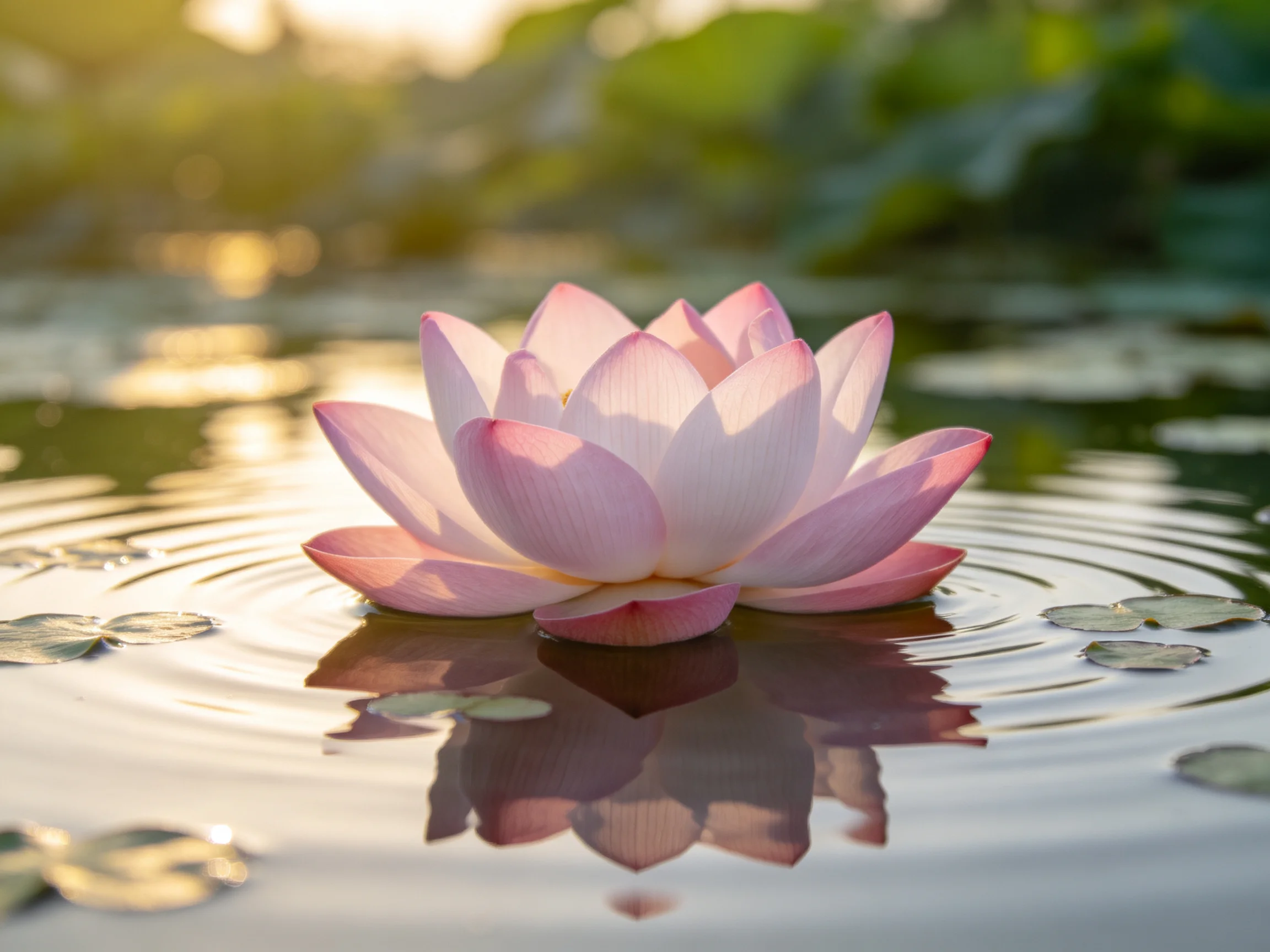 A pink lotus blooms on tranquil water with green surroundings