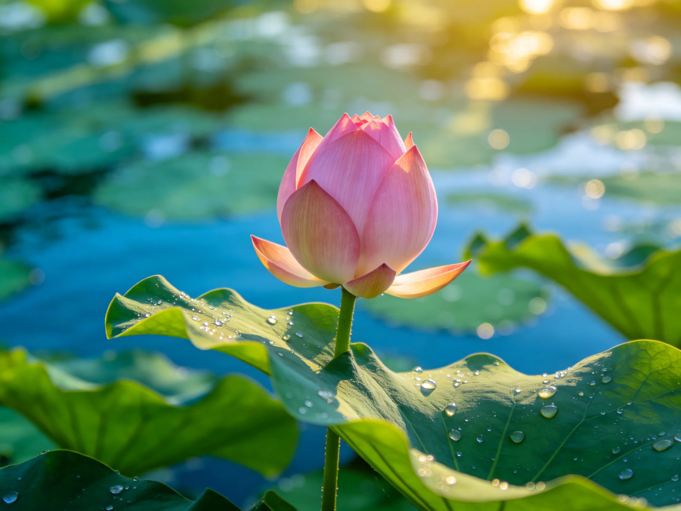 A pink lotus bud amidst dewy green leaves by calm blue water