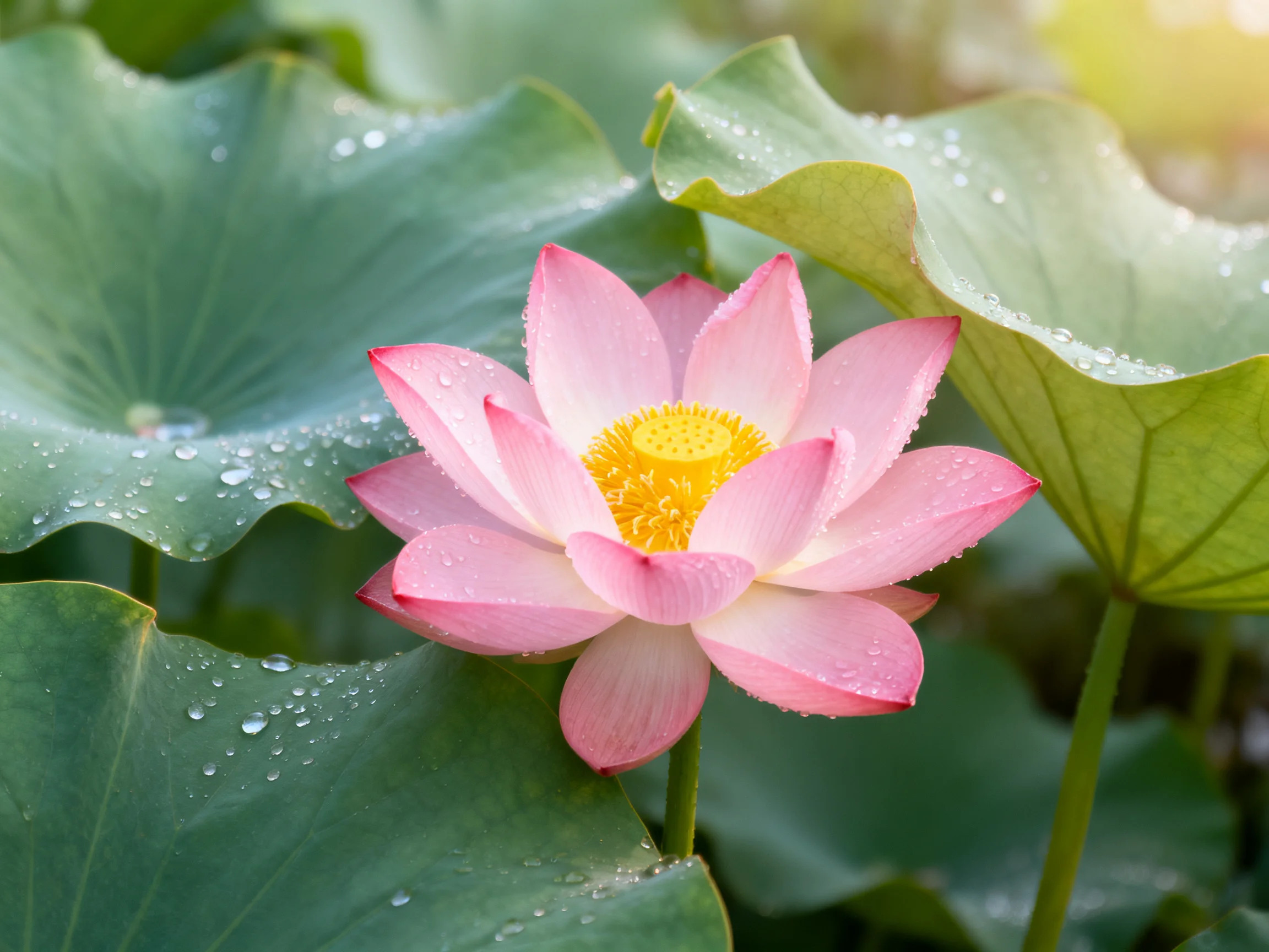 A pink lotus flower blooms among large green leaves with dewdrops