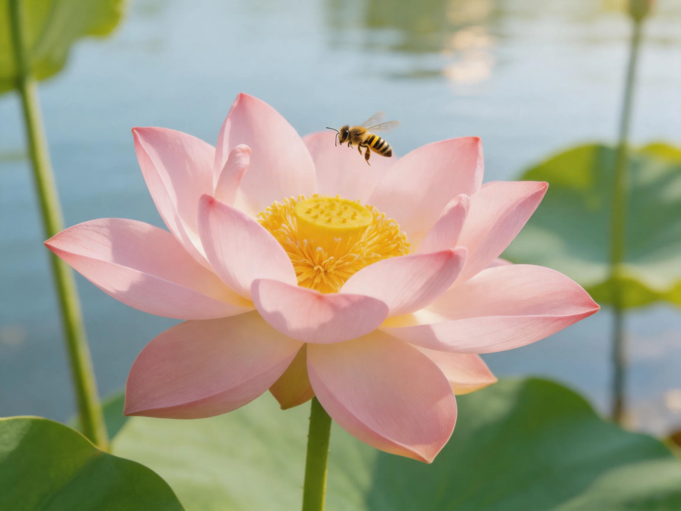 A pink lotus flower with a bee near its yellow center