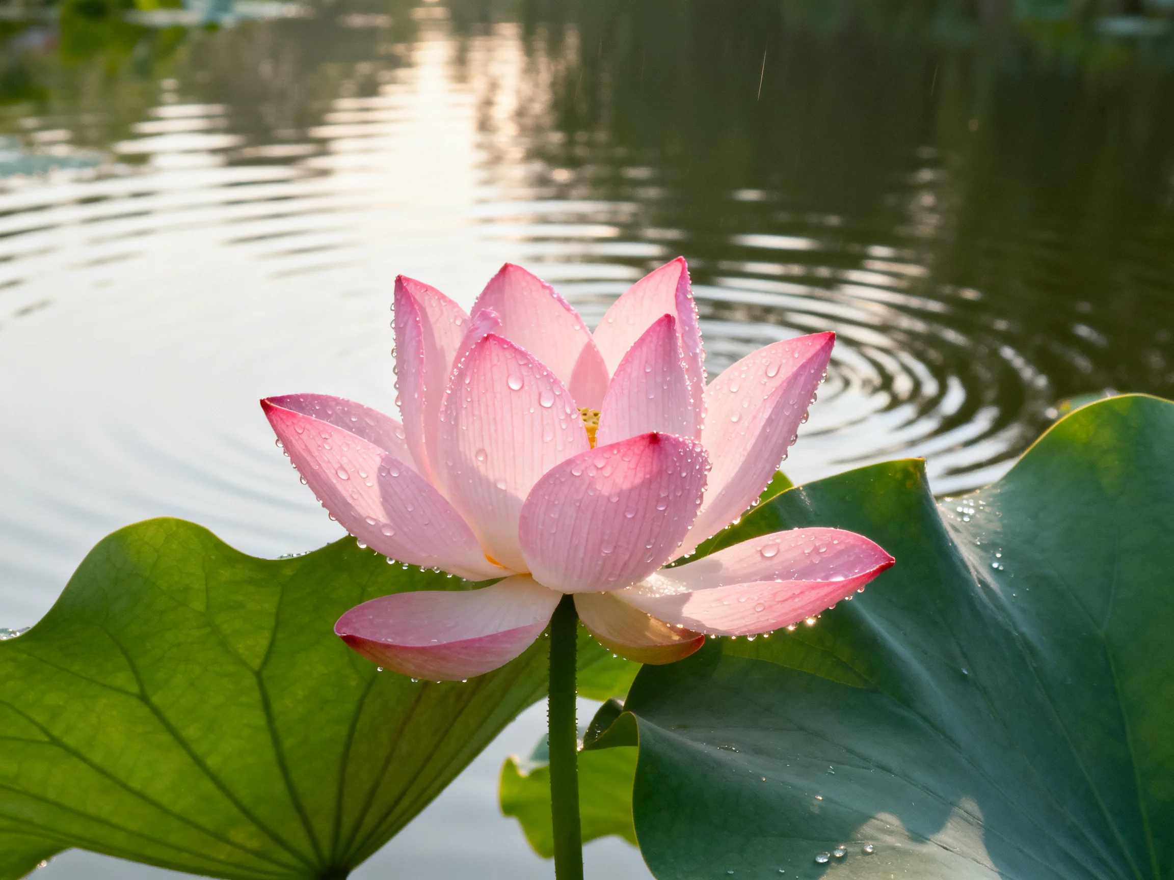 A pink lotus flower with dewdrops near large green lily pads by rippling water