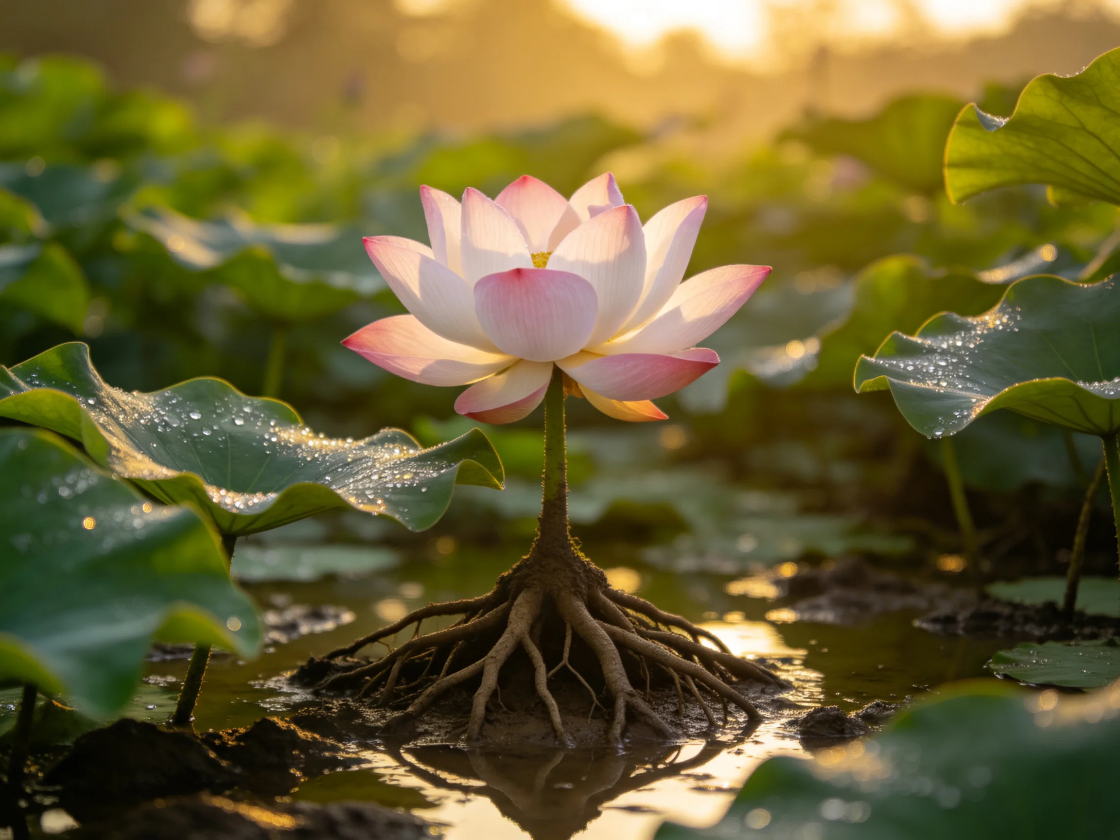 A pink lotus with exposed roots amid dewy green leaves