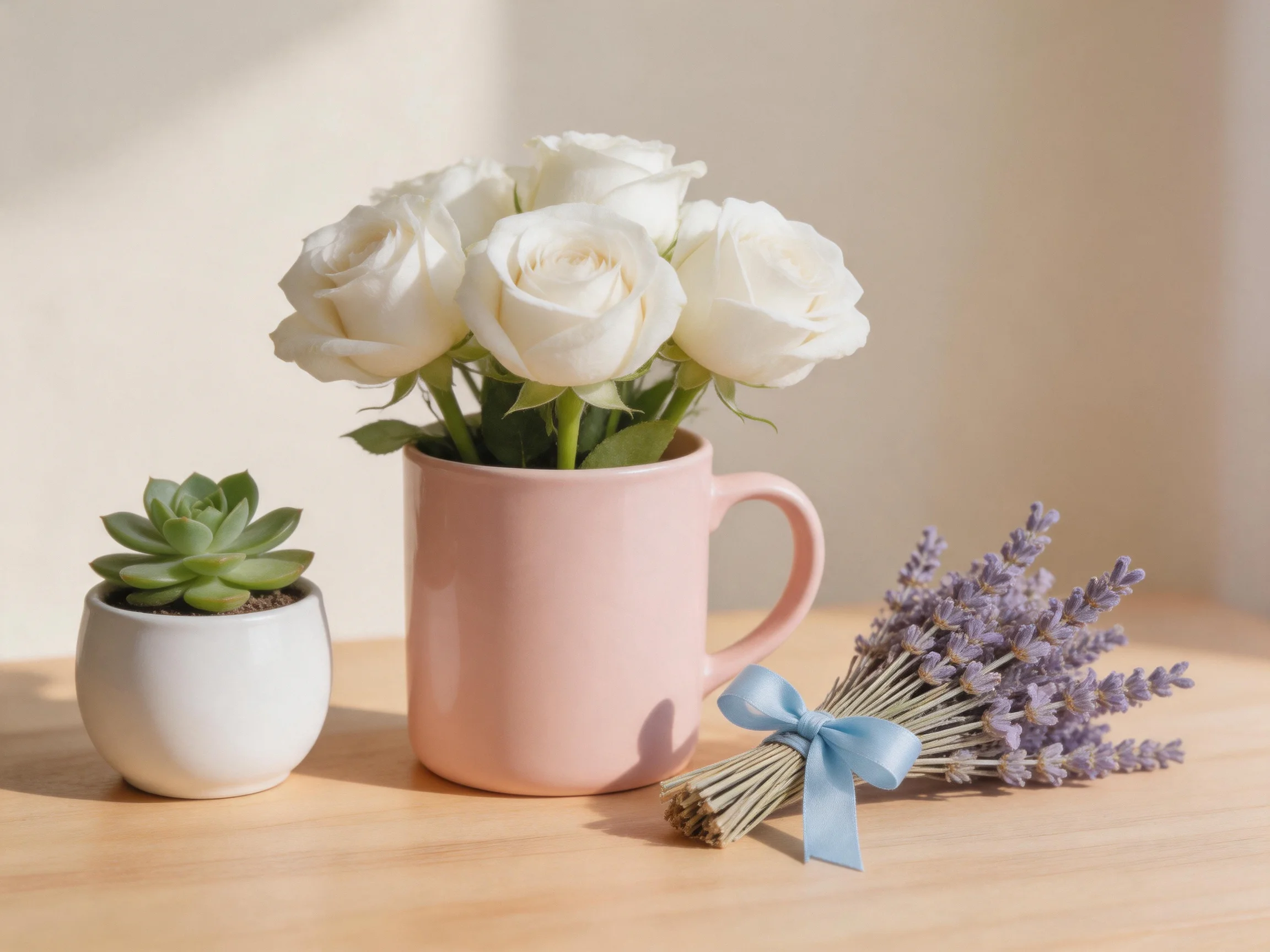 A pink mug with white roses sits beside a succulentand lavender bouquet